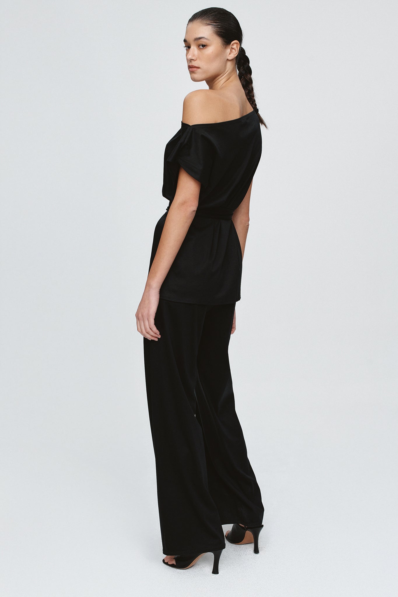 image of a model wearing the marle fay top in black