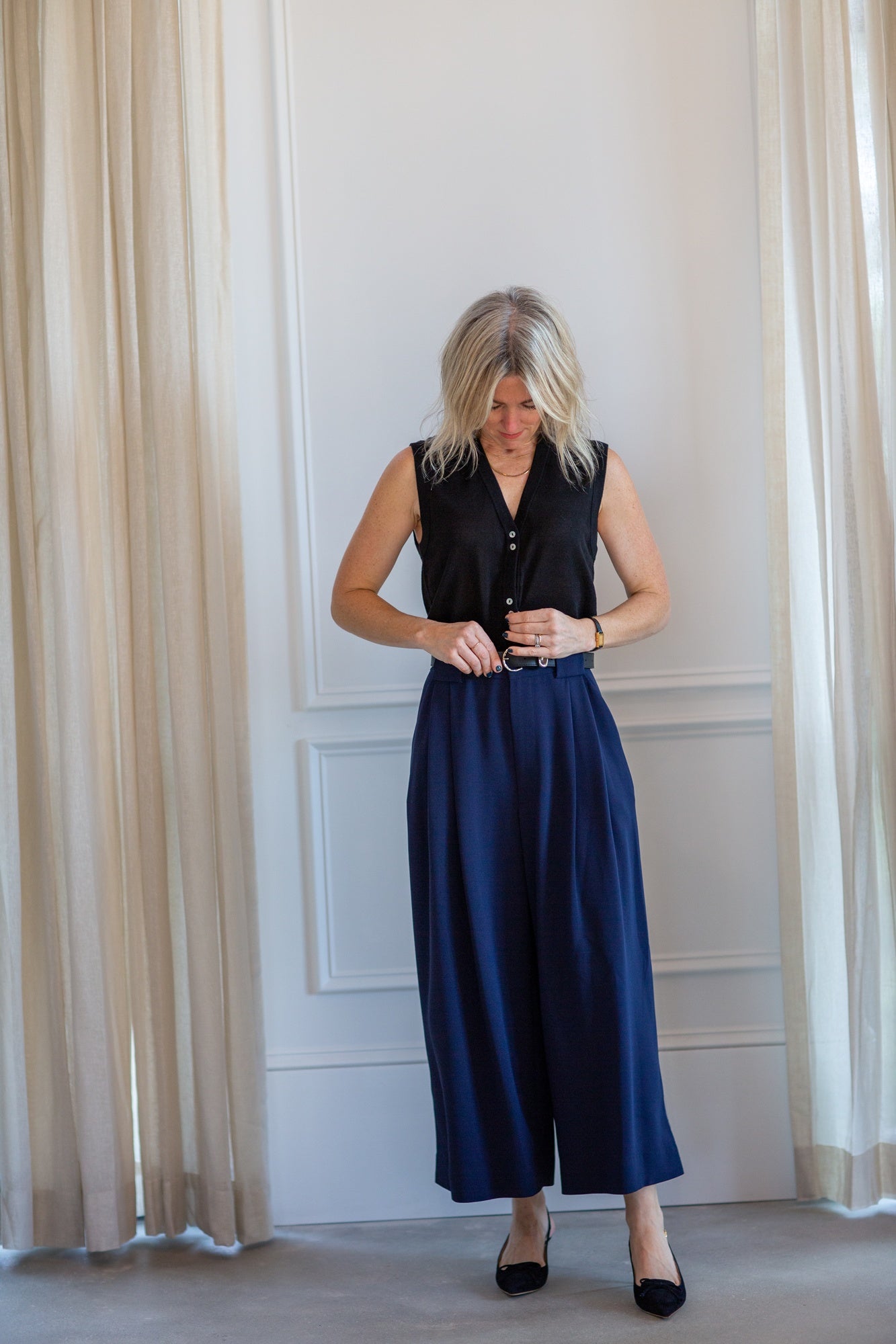 model wearing the marle foundations vest and rachel comey wolcott pants