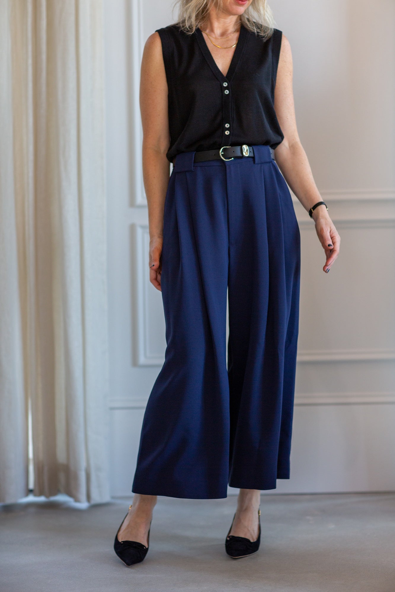 model wearing the marle foundations vest and rachel comey wolcott pants