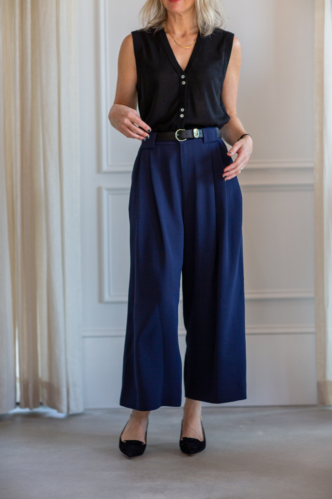 model wearing the marle foundations vest and rachel comey wolcott pants