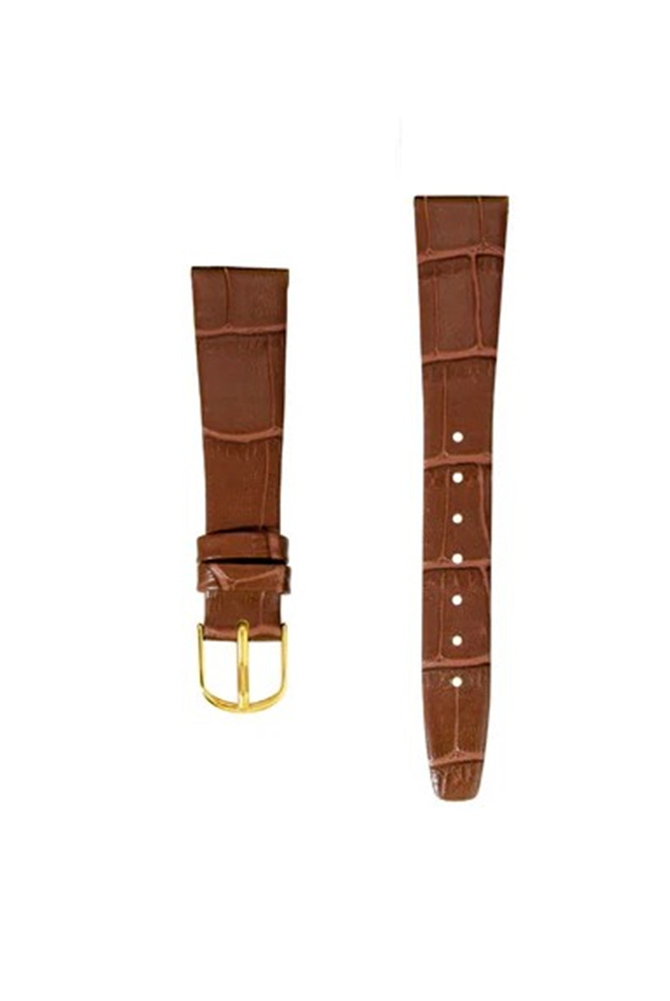 Brown crocodile-patterned watch strap with gold buckle on a white background