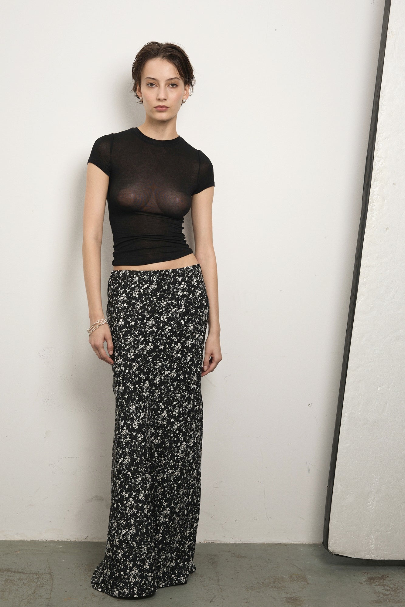 image of a model wearing the Paris Georgia Bias Half Zip Skirt