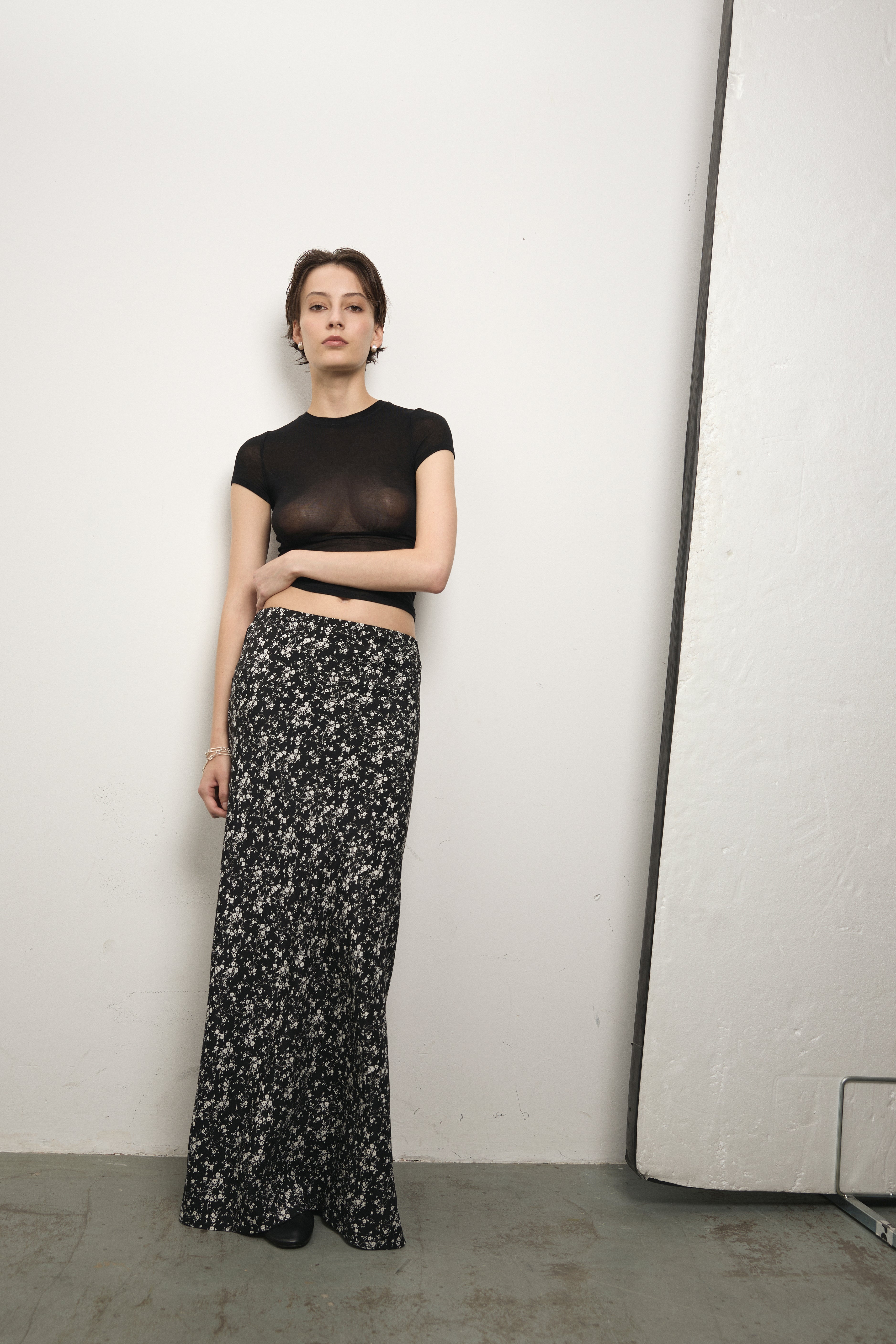 image of a model wearing the Paris Georgia Bias Half Zip Skirt