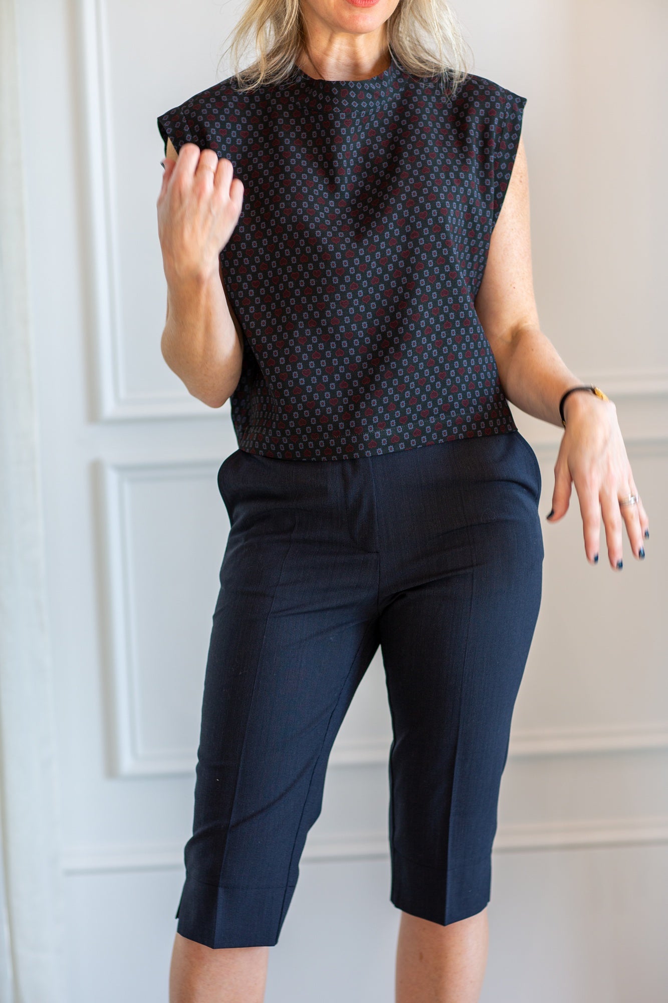 model wearing the rachel comey bacchus top and herskind aliyah pants