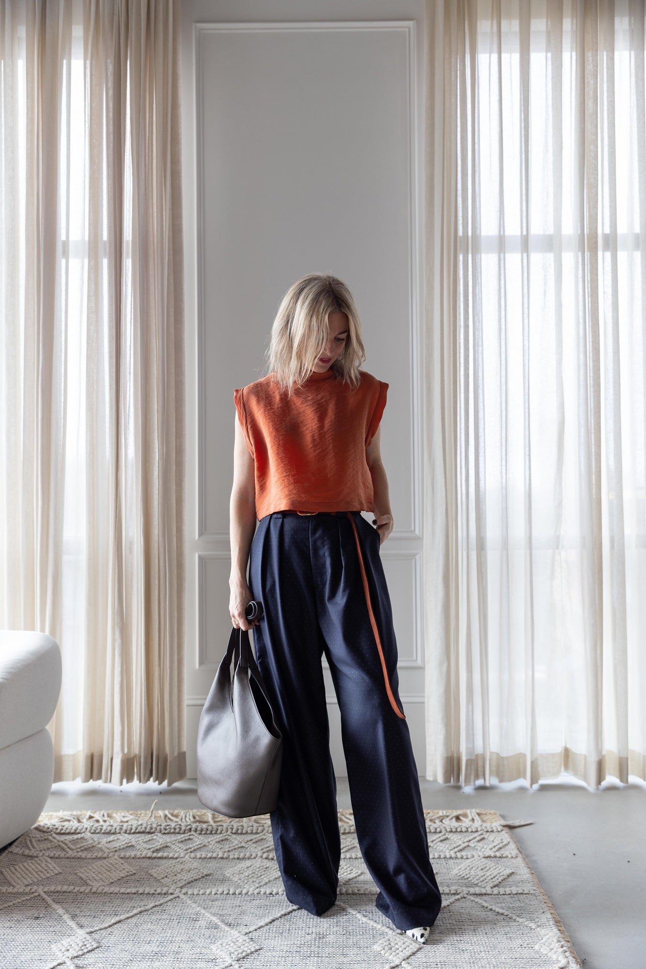 image of a woman wearing the Rachel Comey Bacchus Top and Portview Pants