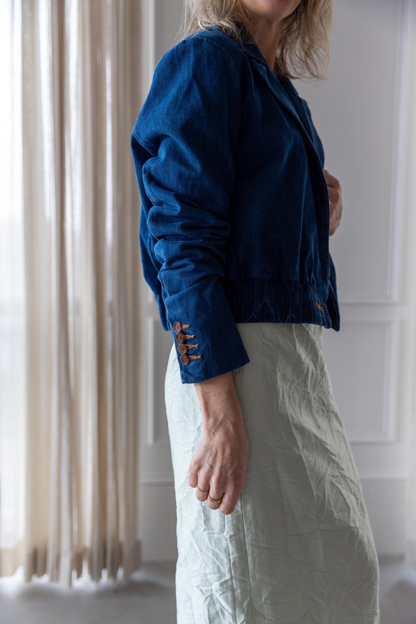 detail image of a woman wearing the Rachel Comey Grain Jacket