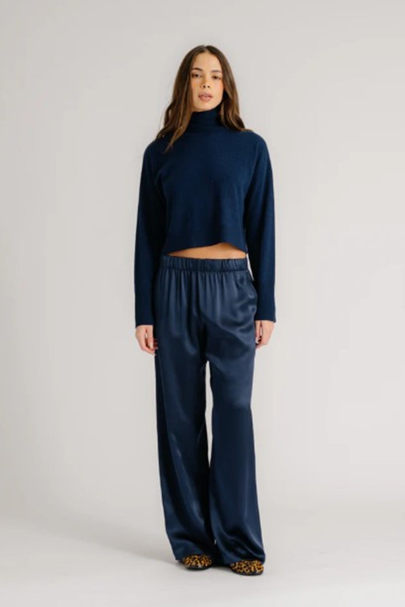 image of a model wearing the Brynn High rise pull on pants in navy
