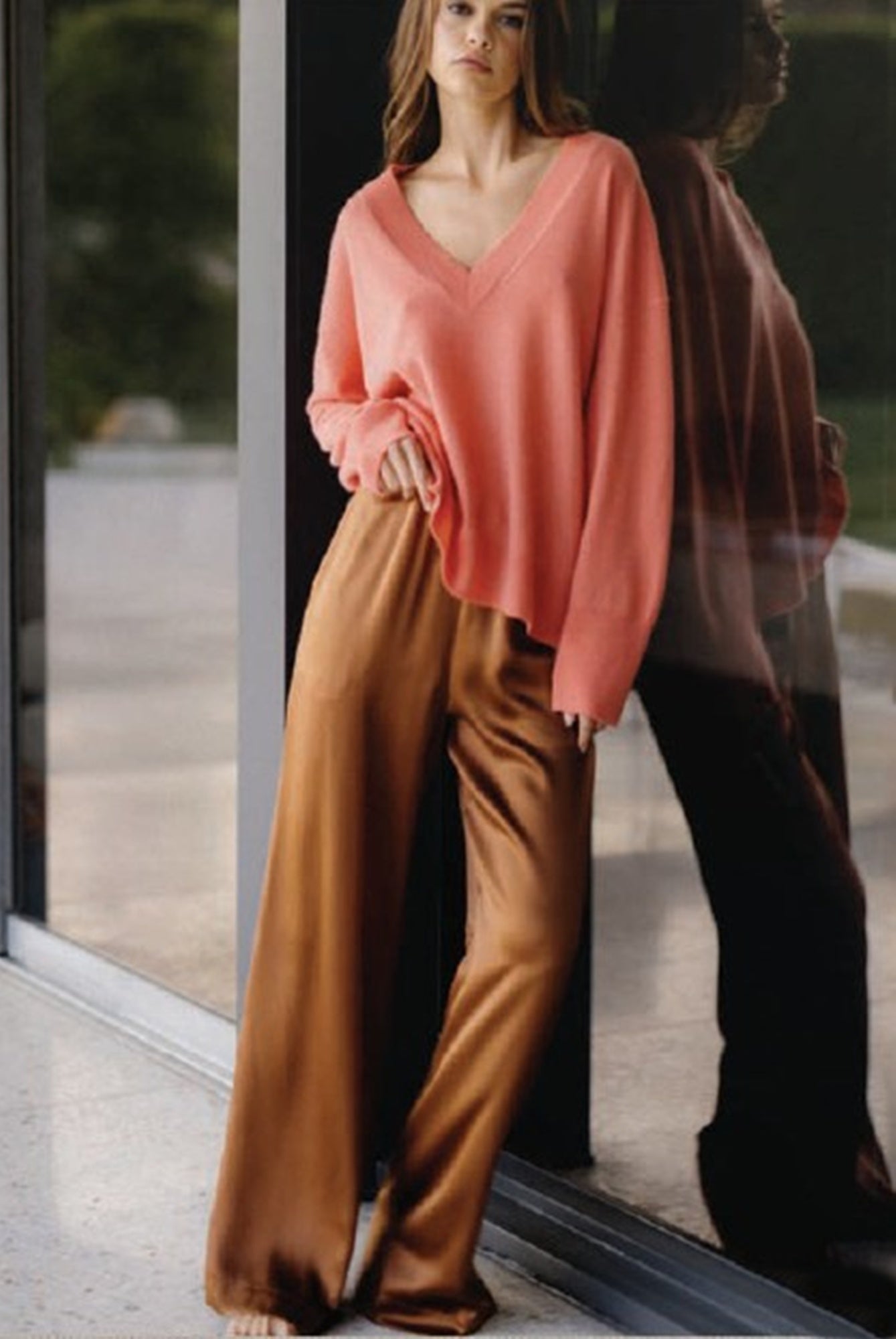 image of a model wearing the Sablyn Brynn Pants in Tobacco