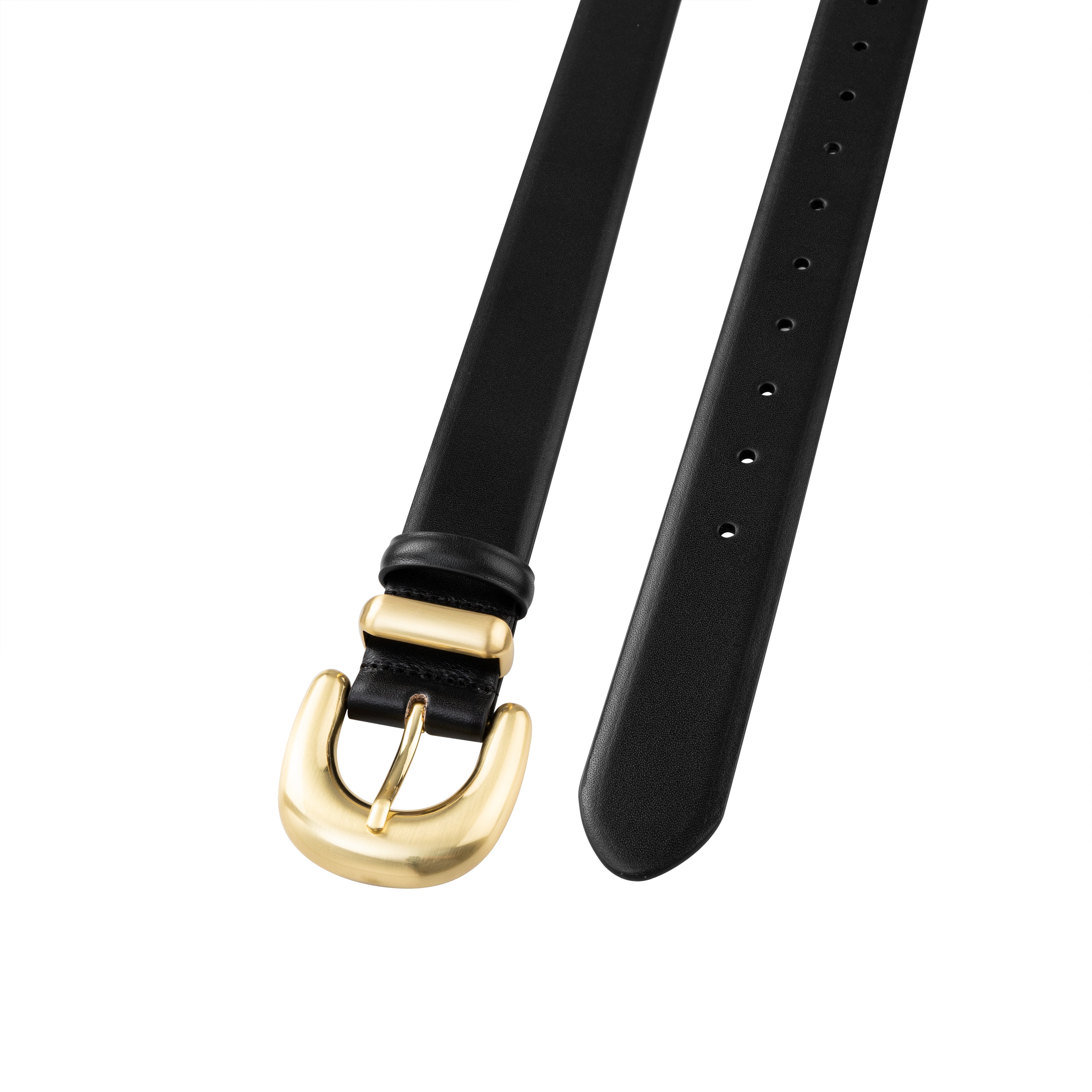 Black leather belt with a gold buckle on a white background