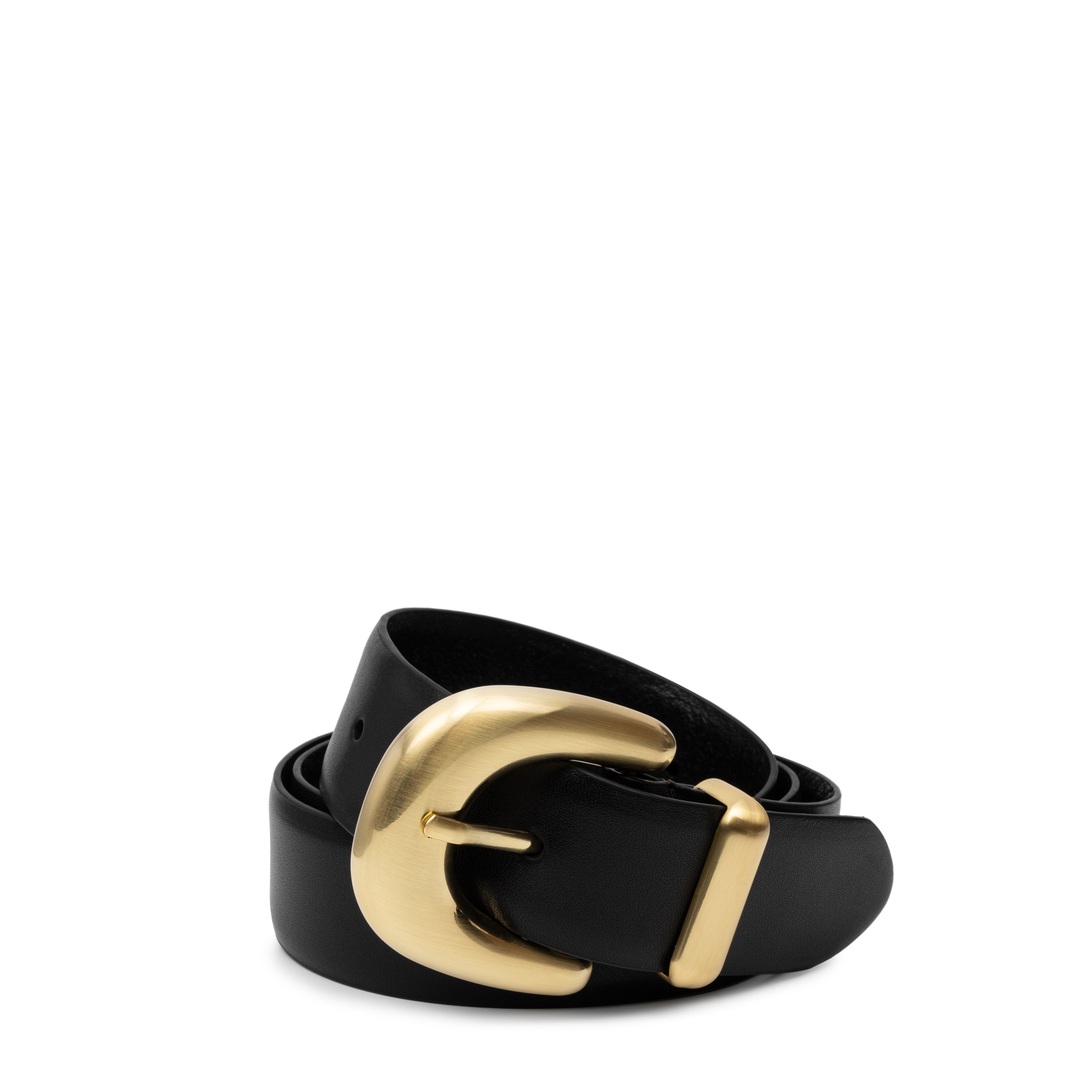 Black belt with a gold buckle on a white background