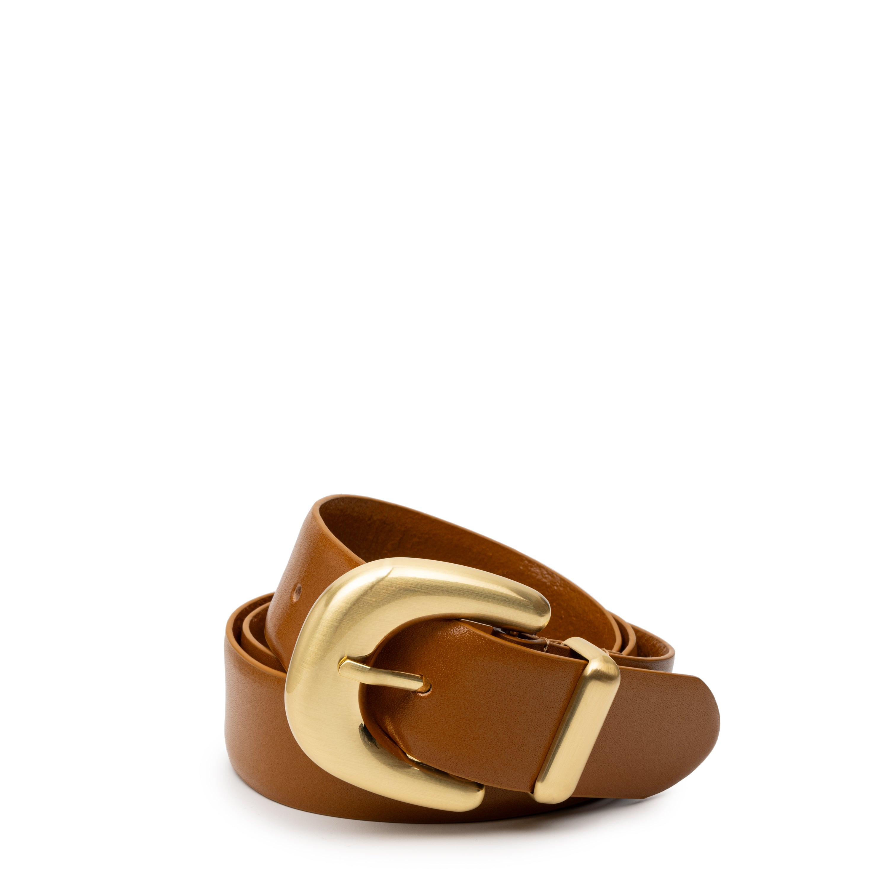 Brown leather belt with a gold buckle on a white background