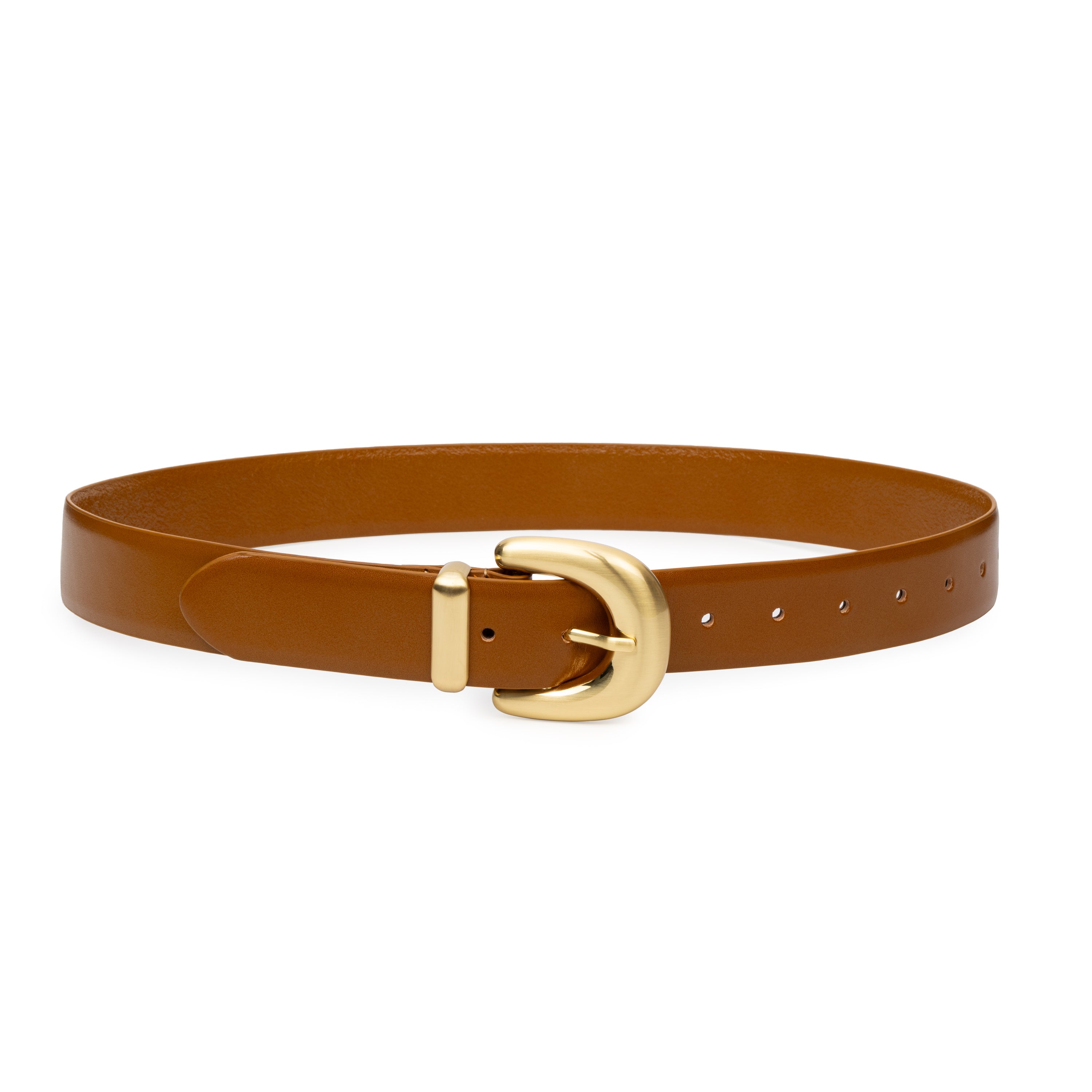 Brown belt with a gold buckle on a white background