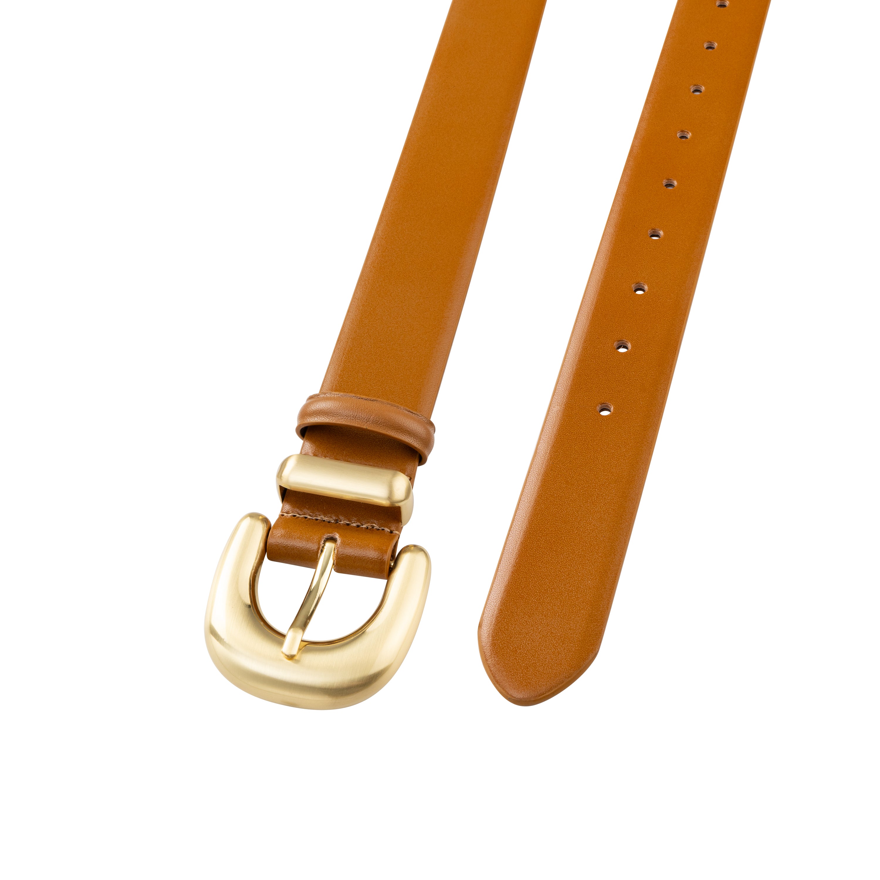 Brown leather belt with a gold buckle on a white background