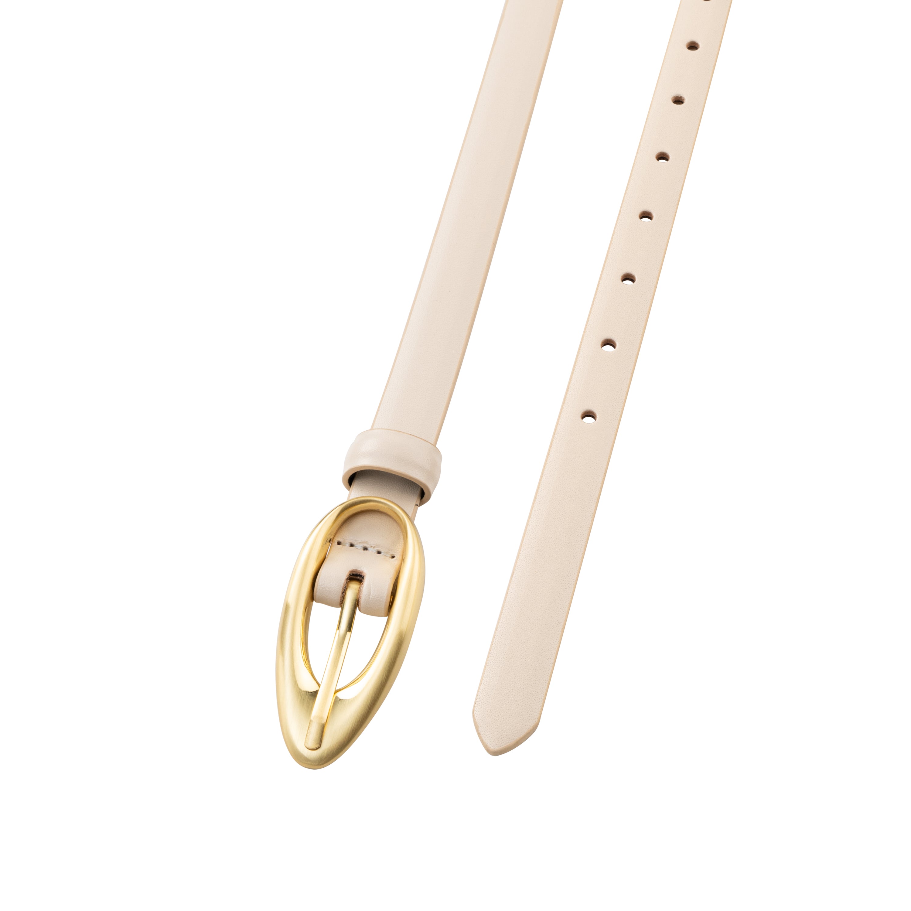 Beige belt with a gold buckle on a white background