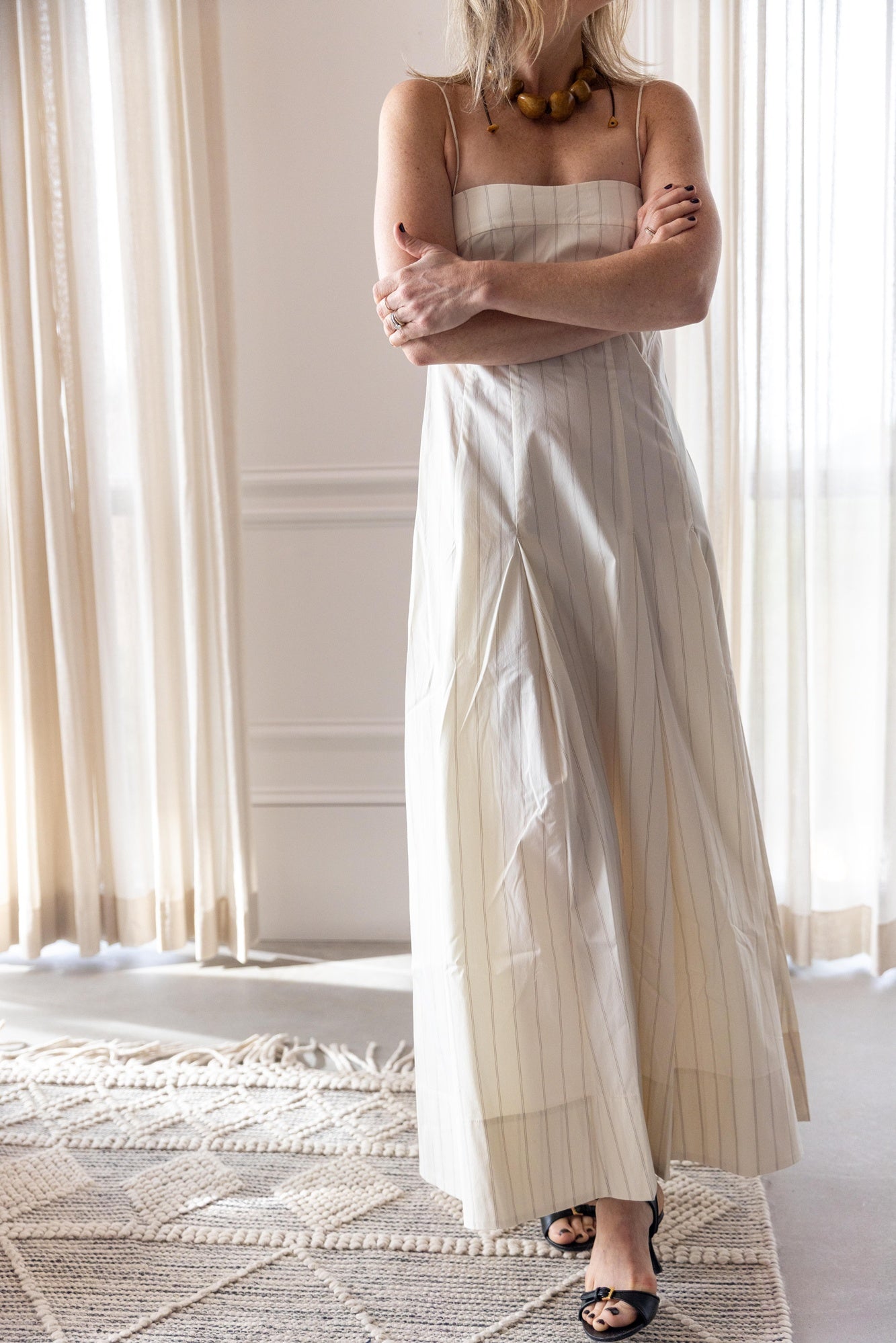 St Agni Everyday Cotton Pleat Dress-Ecru Stripe