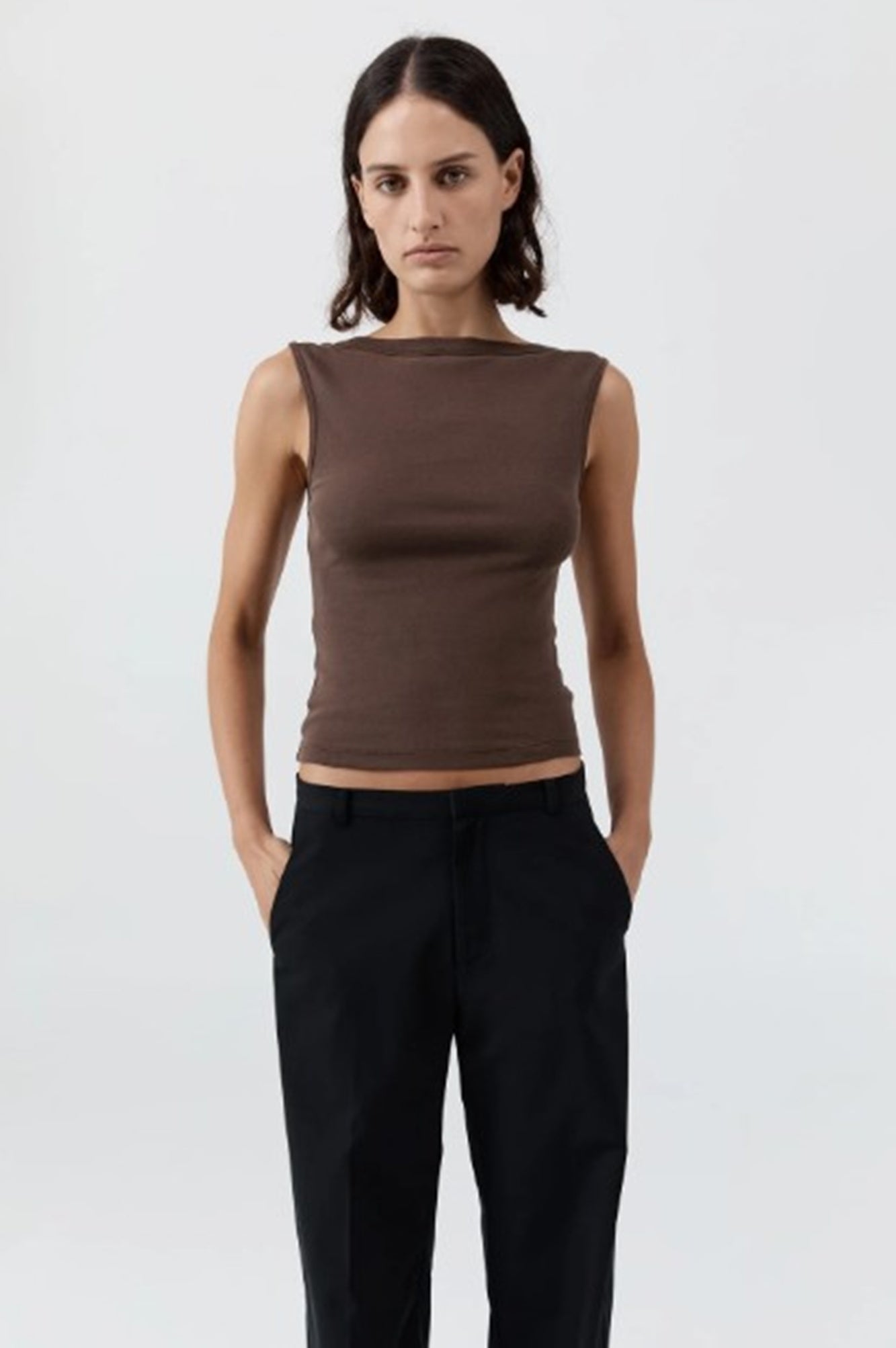 image of a model wearing the st agni organic cotton ballerina top in fudge