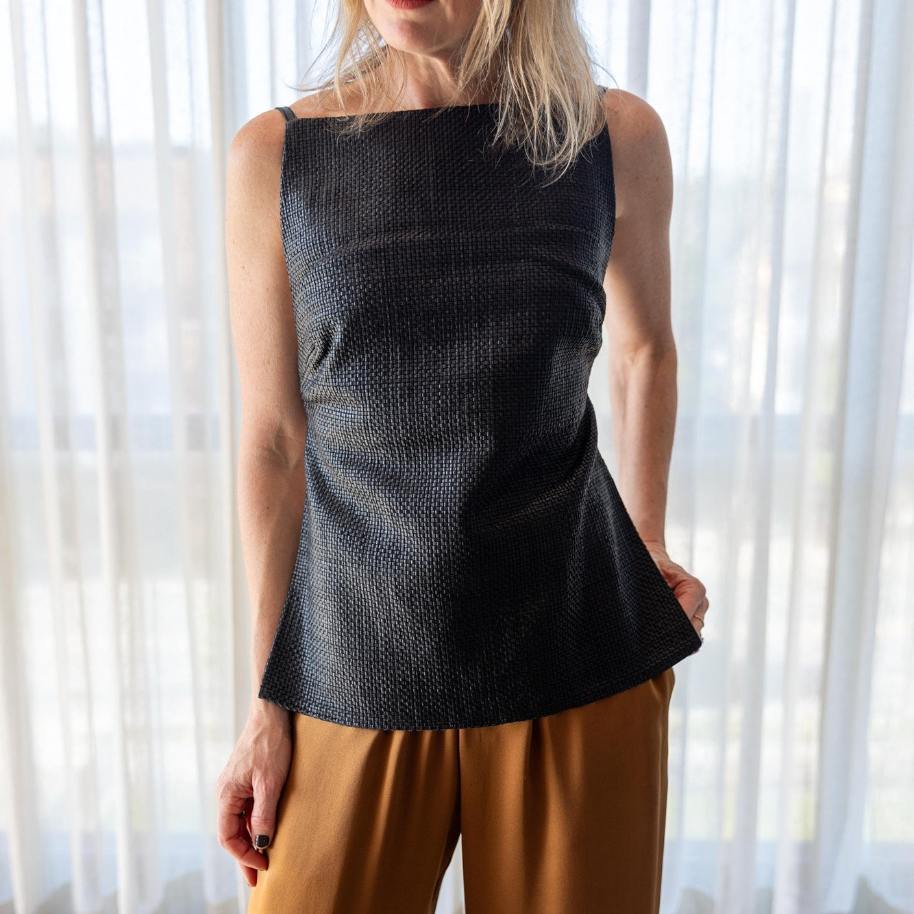 St Agni Woven Leather Square Neck Top