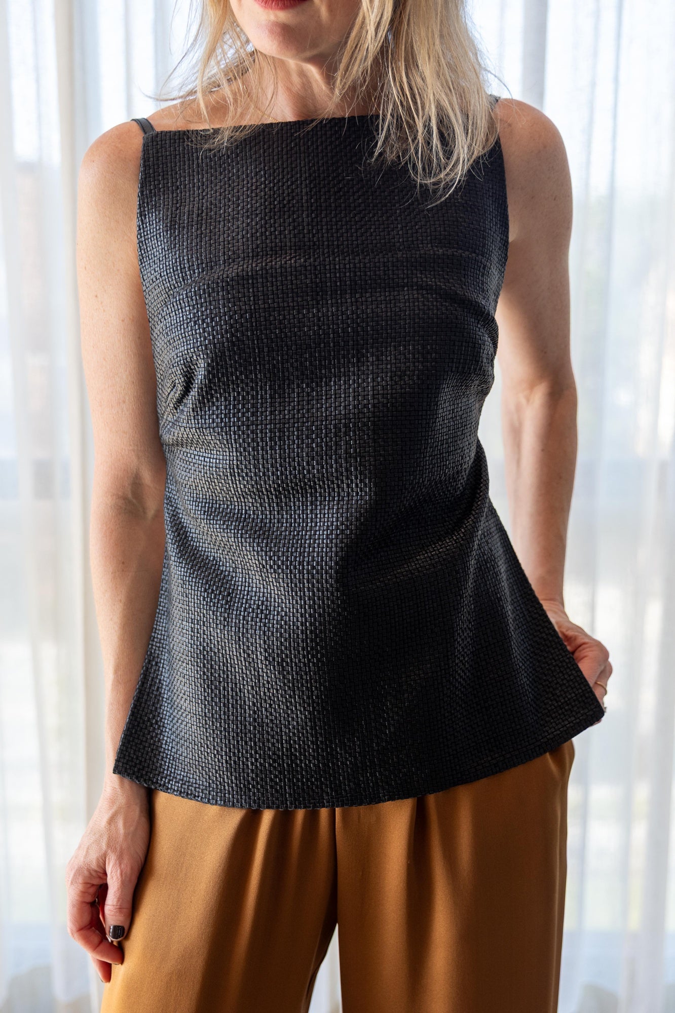 St Agni Woven Leather Square Neck Top
