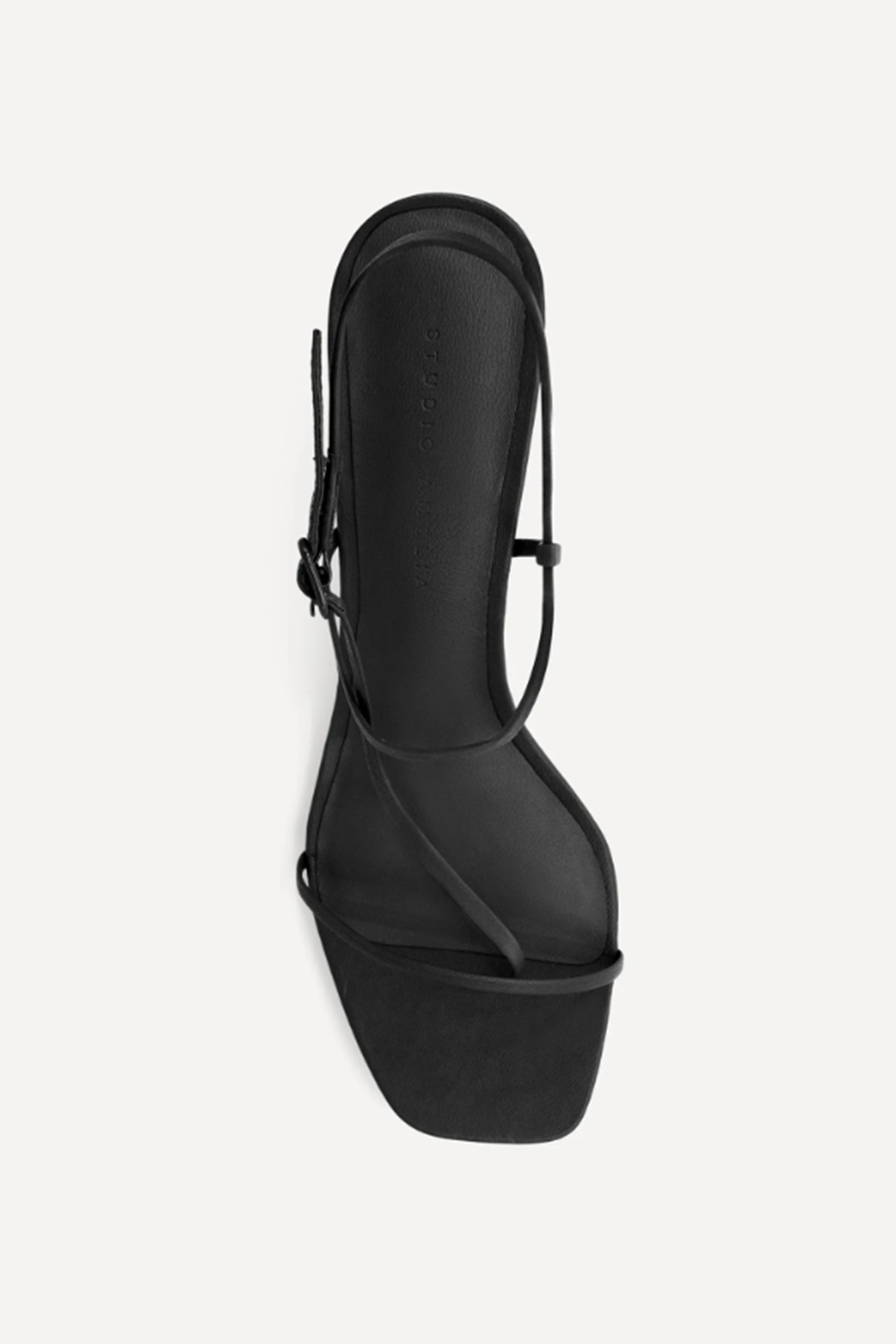 top view of the studio amelia cross front 70 heel in black