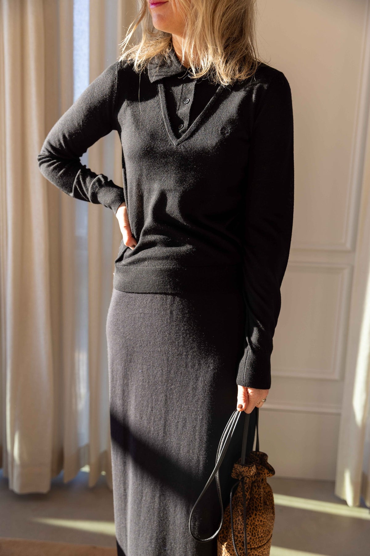 The Garment Bergen V Polo styled with a Lisa Yang Dolly skirt, view 3