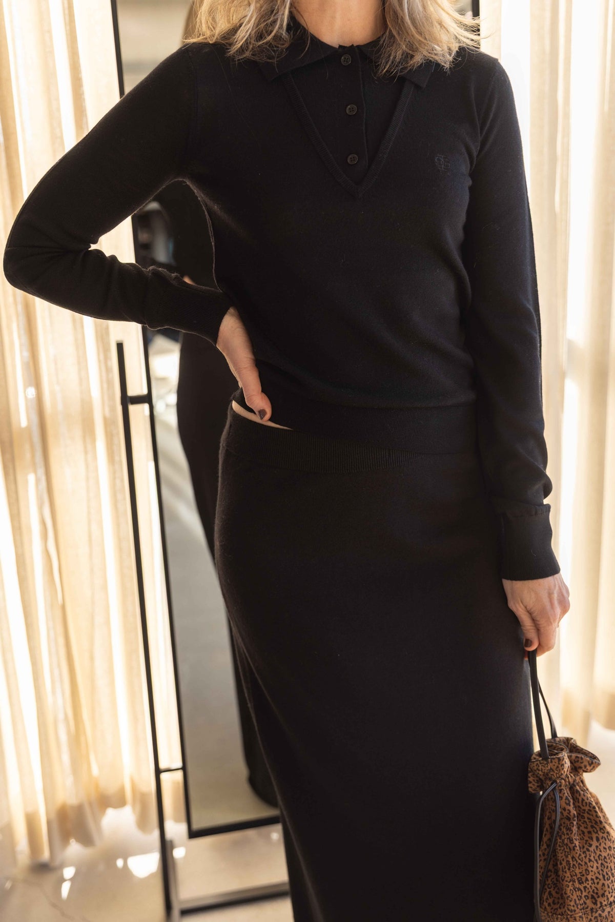 The Garment Bergen V Polo styled with a Lisa Yang Dolly skirt, view 4