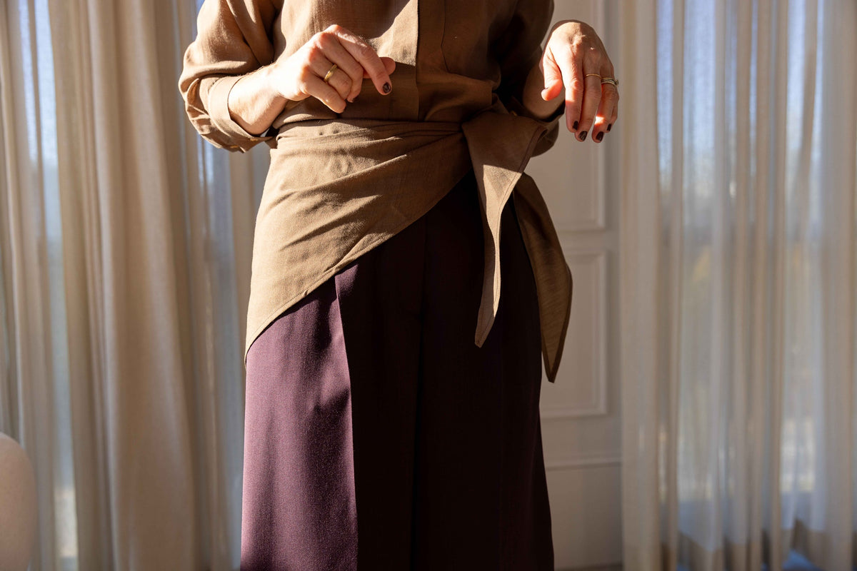 The Garment Eleanor Shirt in Brown styled with Forte Forte Grain de Poudre High Waist Pants, view 1