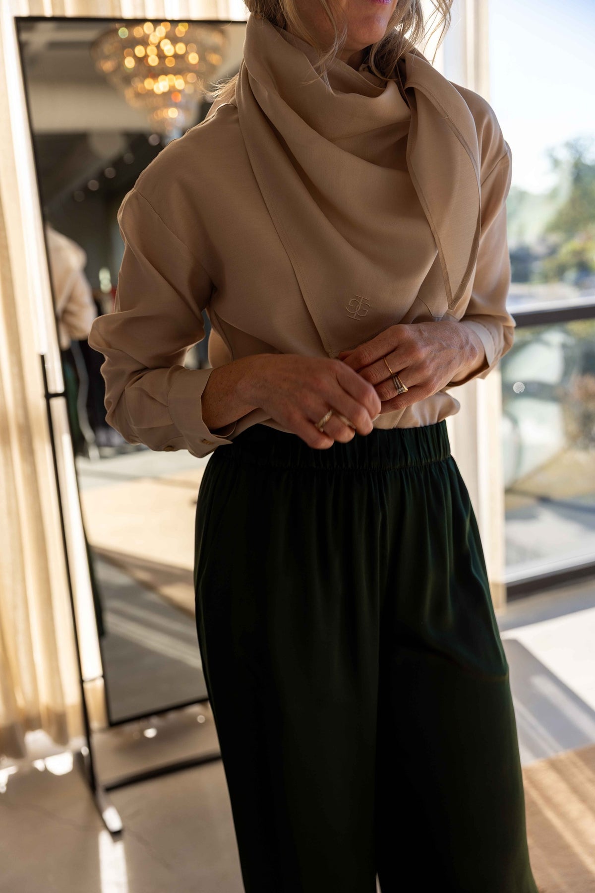 The Garment Eleanor Shirt in Beige styled with Sablyn Brynn pants, view 1