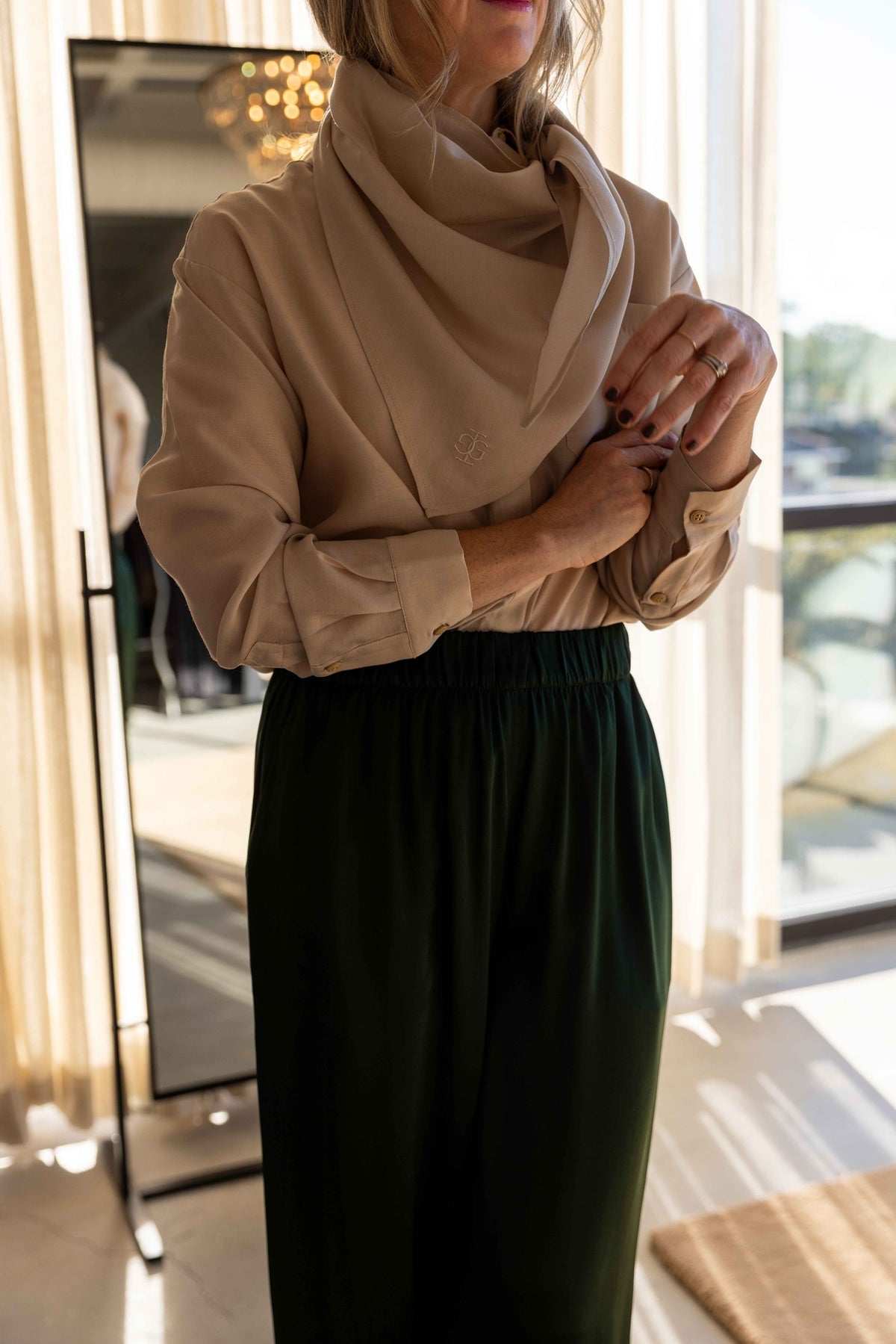 The Garment Eleanor Shirt in Beige styled with Sablyn Brynn pants, view 2