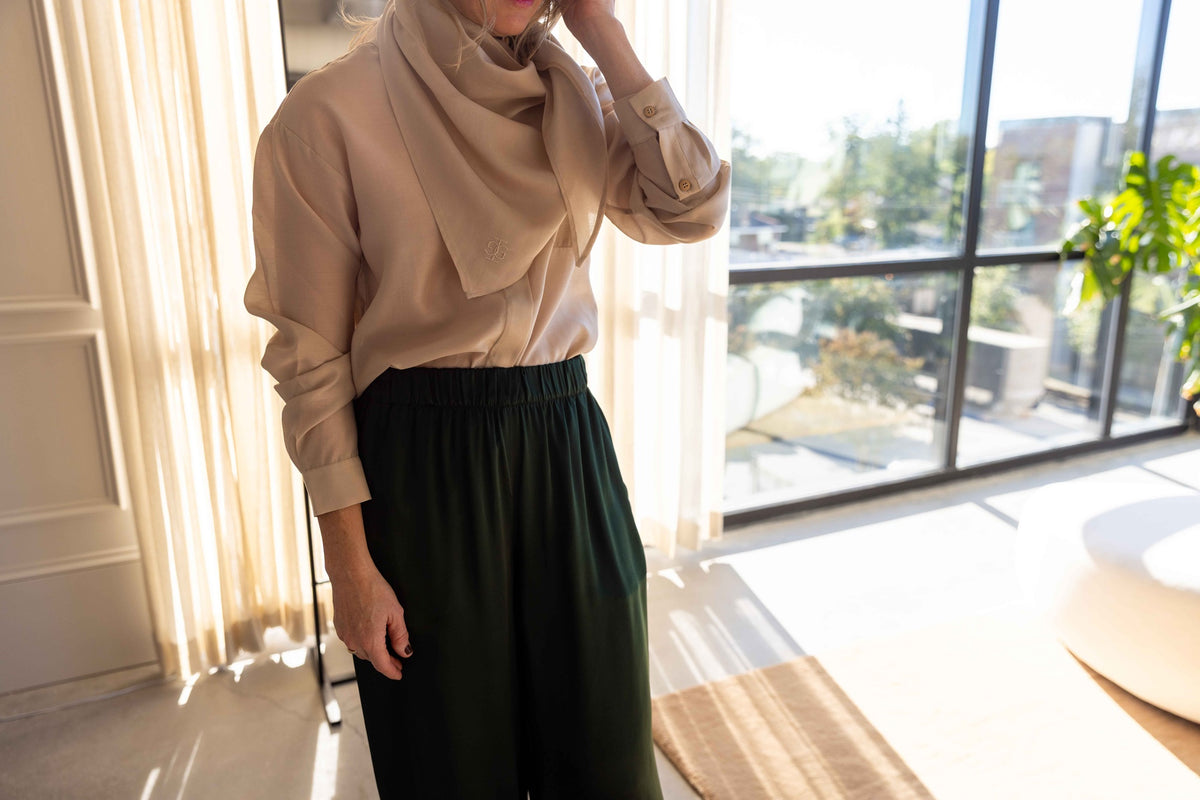 The Garment Eleanor Shirt in Beige styled with Sablyn Brynn pants, view 3