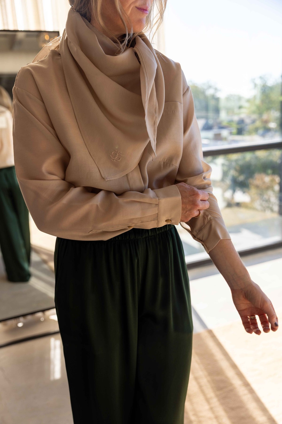 The Garment Eleanor Shirt in Beige styled with Sablyn Brynn pants, view 4