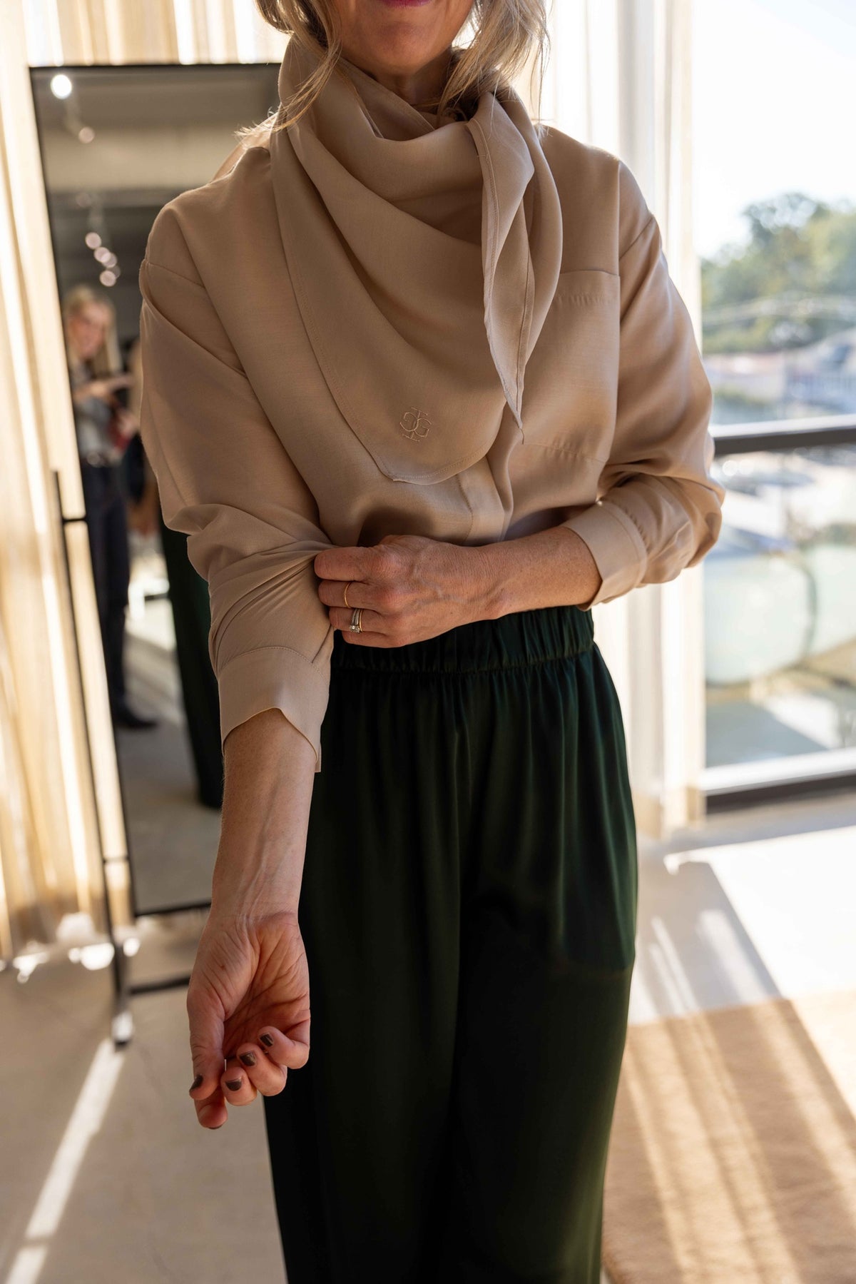 The Garment Eleanor Shirt in Beige styled with Sablyn Brynn pants, view 5