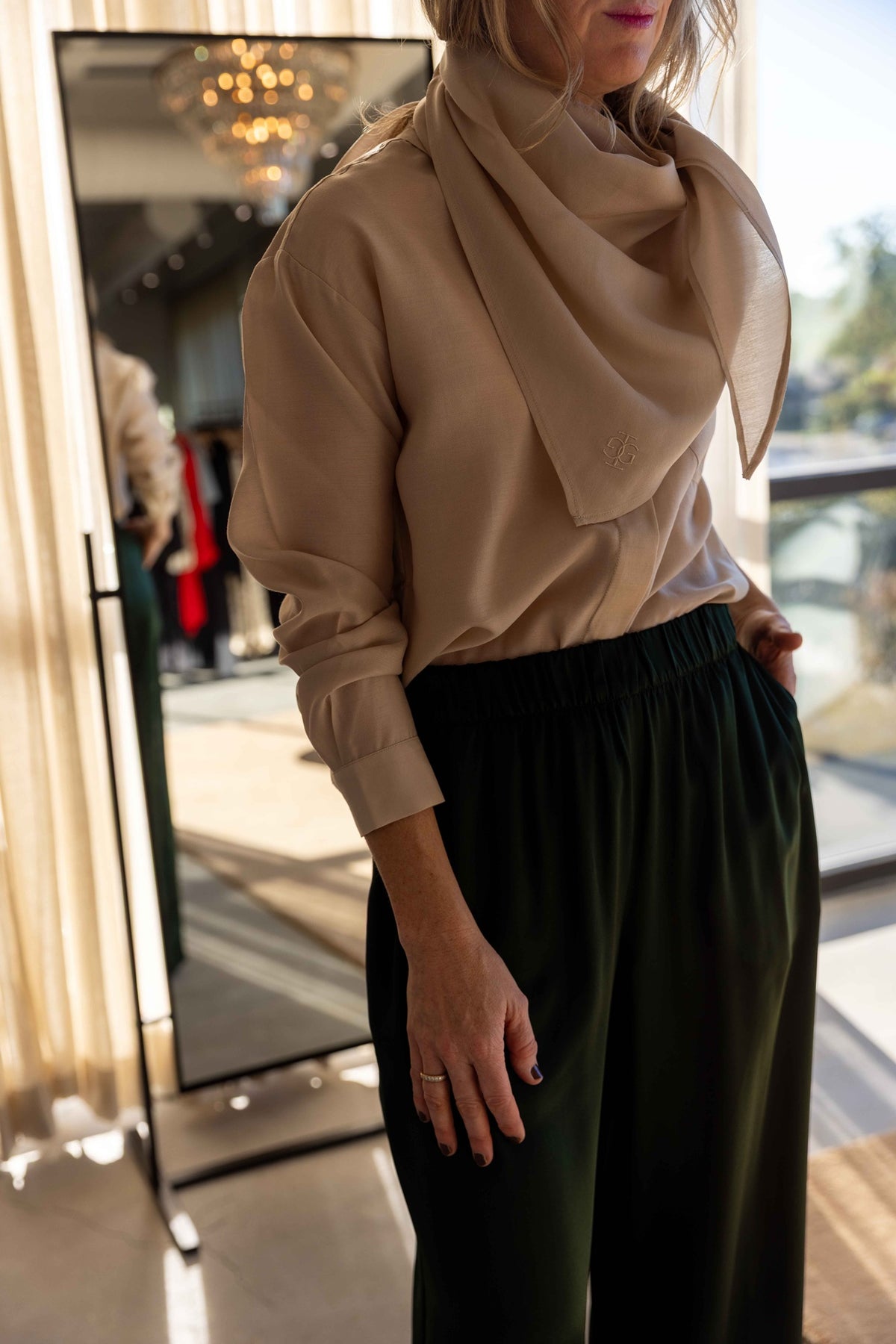 The Garment Eleanor Shirt in Beige styled with Sablyn Brynn pants, view 8