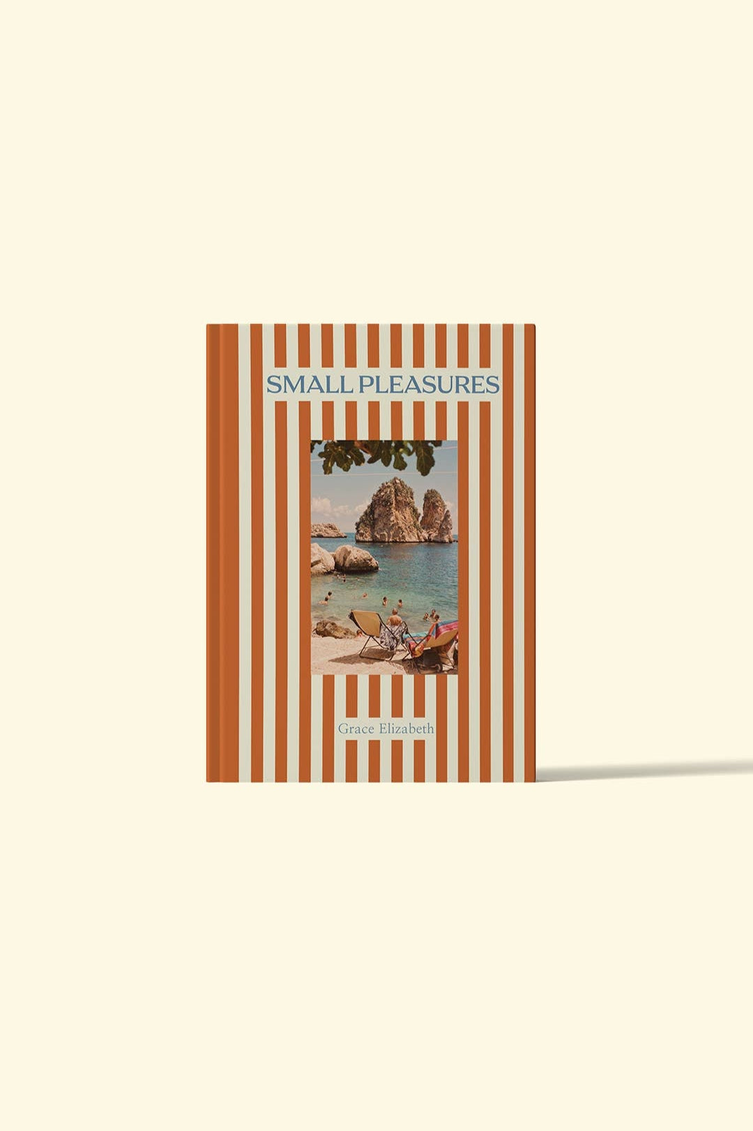 Book cover with striped design and scenic image on a beige background