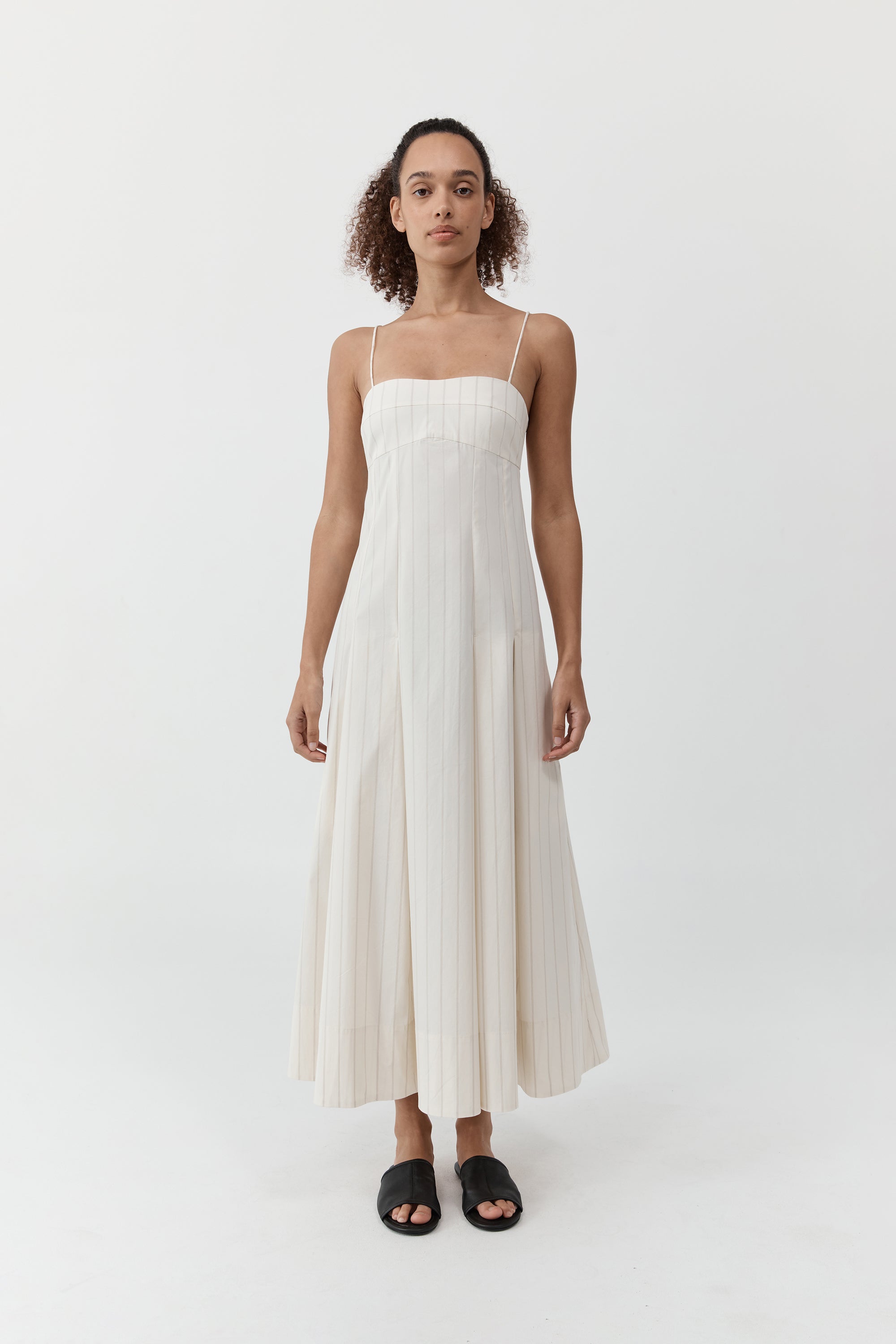 St Agni Everyday Cotton Pleat Dress-Ecru Stripe