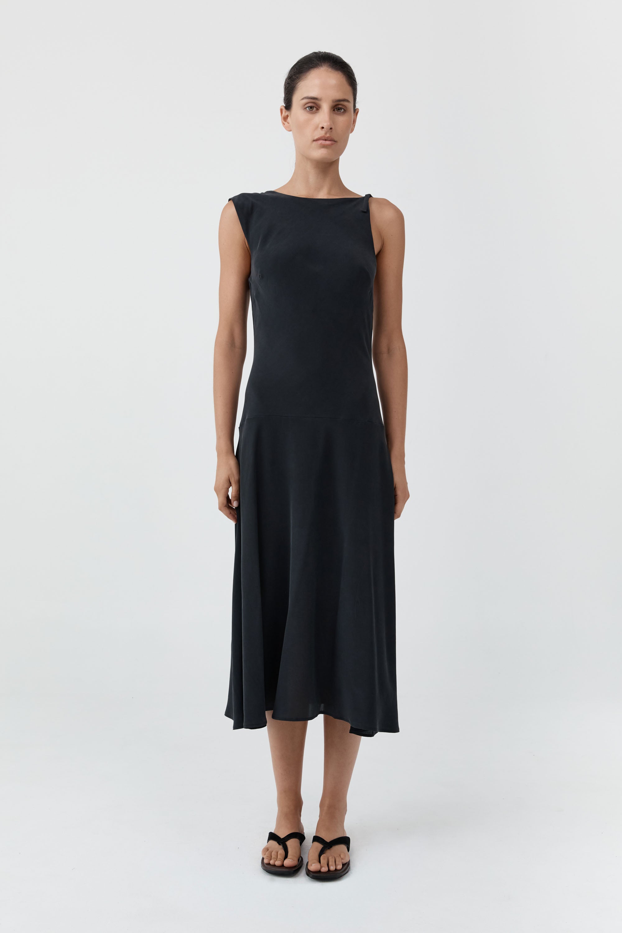 St Agni Silk Drape Back Midi Dress
