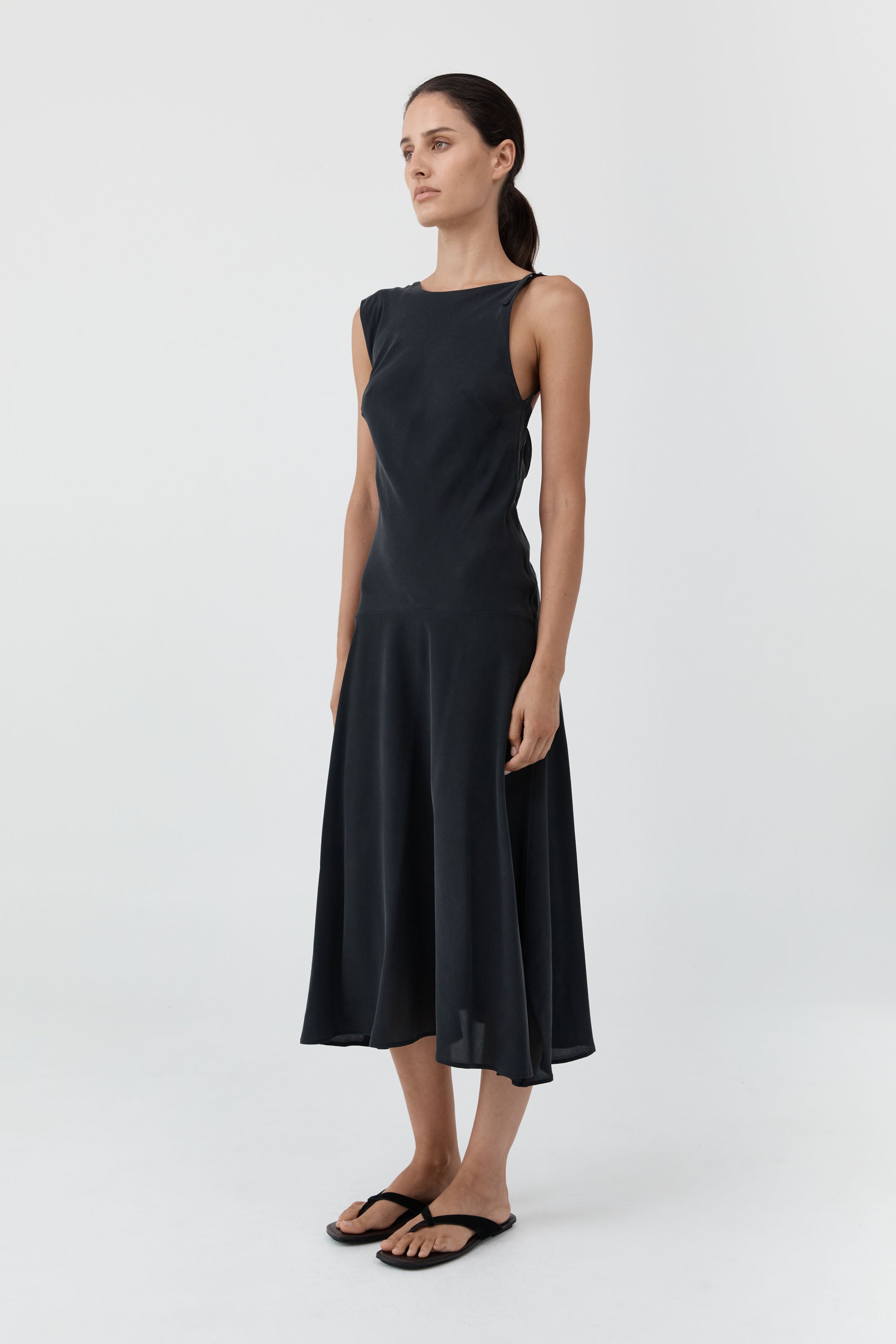 St Agni Silk Drape Back Midi Dress