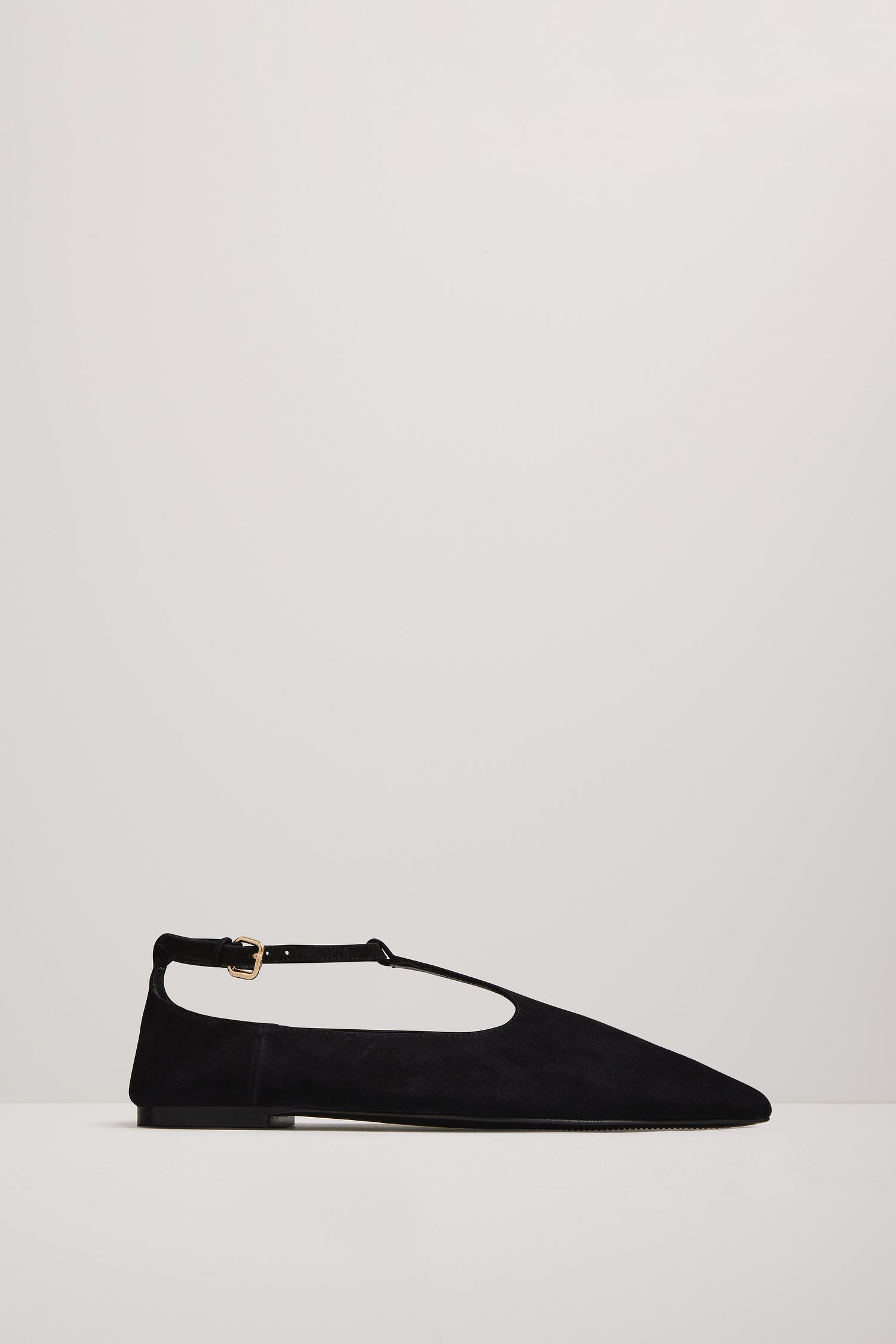Black pointed-toe shoe on a light gray background