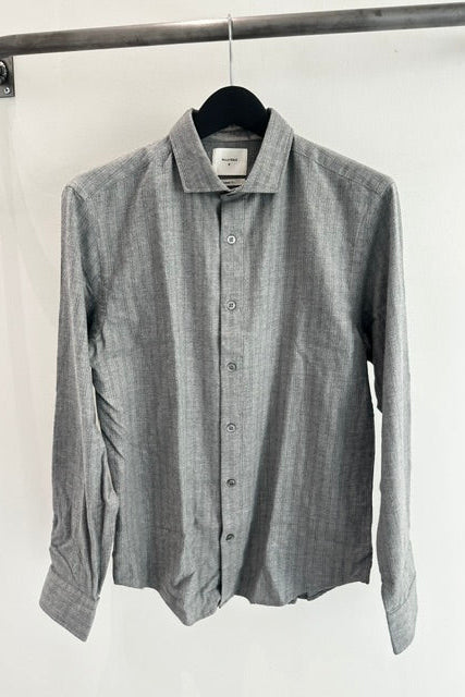 Billy Reid Melange Stripe Hutcheson Sport Shirt in grey melange stripe cotton, pocketless front, shown on a hanger