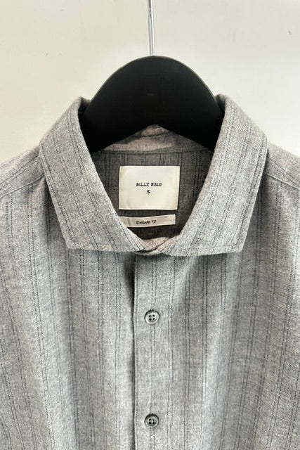 Billy Reid Melange Stripe Hutcheson Sport Shirt, close-up of the spread collar and Billy Reid label in grey melange stripe cotton