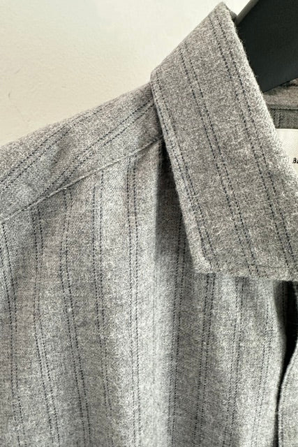 Billy Reid Melange Stripe Hutcheson Sport Shirt, detail of the collar and fine tonal stripe in grey melange cotton