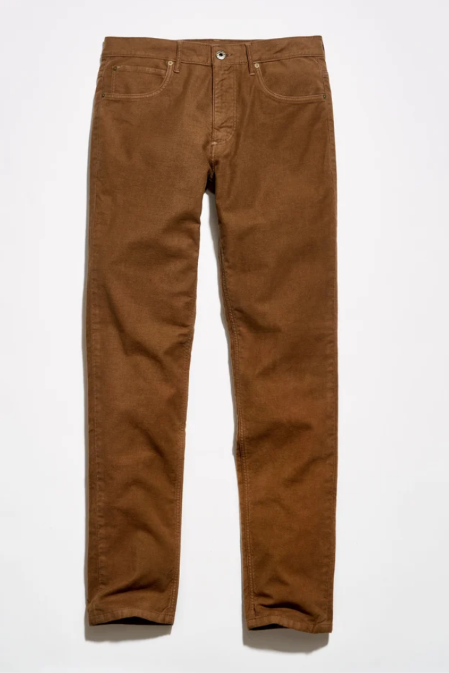 A pair of brown pants laid flat against a clean white background.