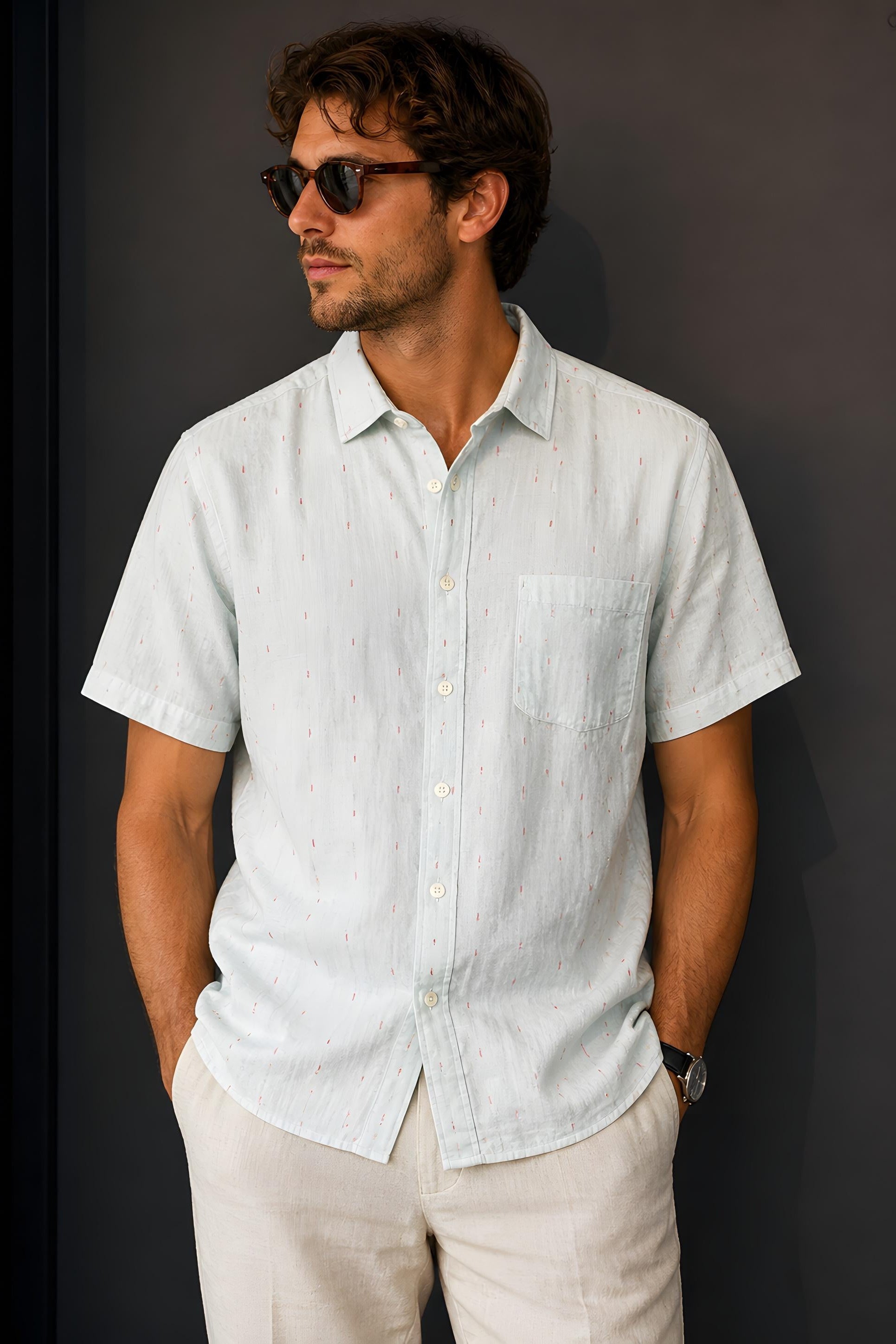Man wearing a light gray short-sleeve shirt and sunglasses against a dark background