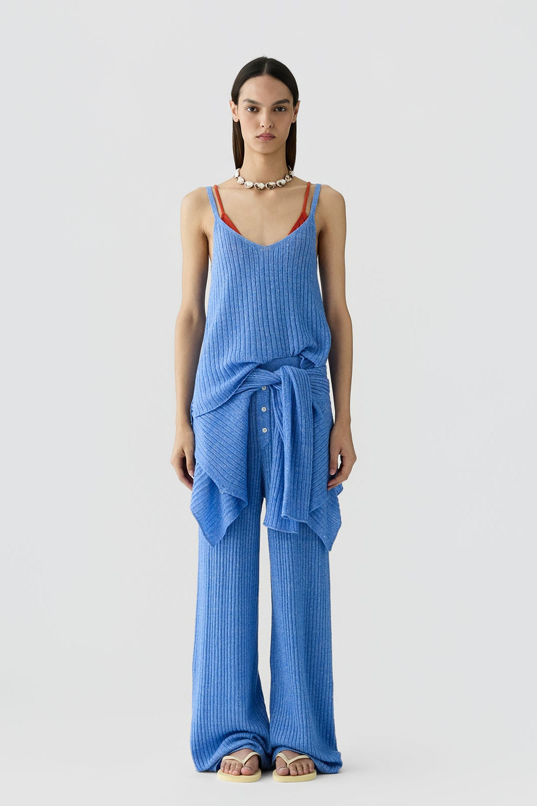 image of a model wearing the Guest in Residence Breezy Rib Tank in Delft Blue