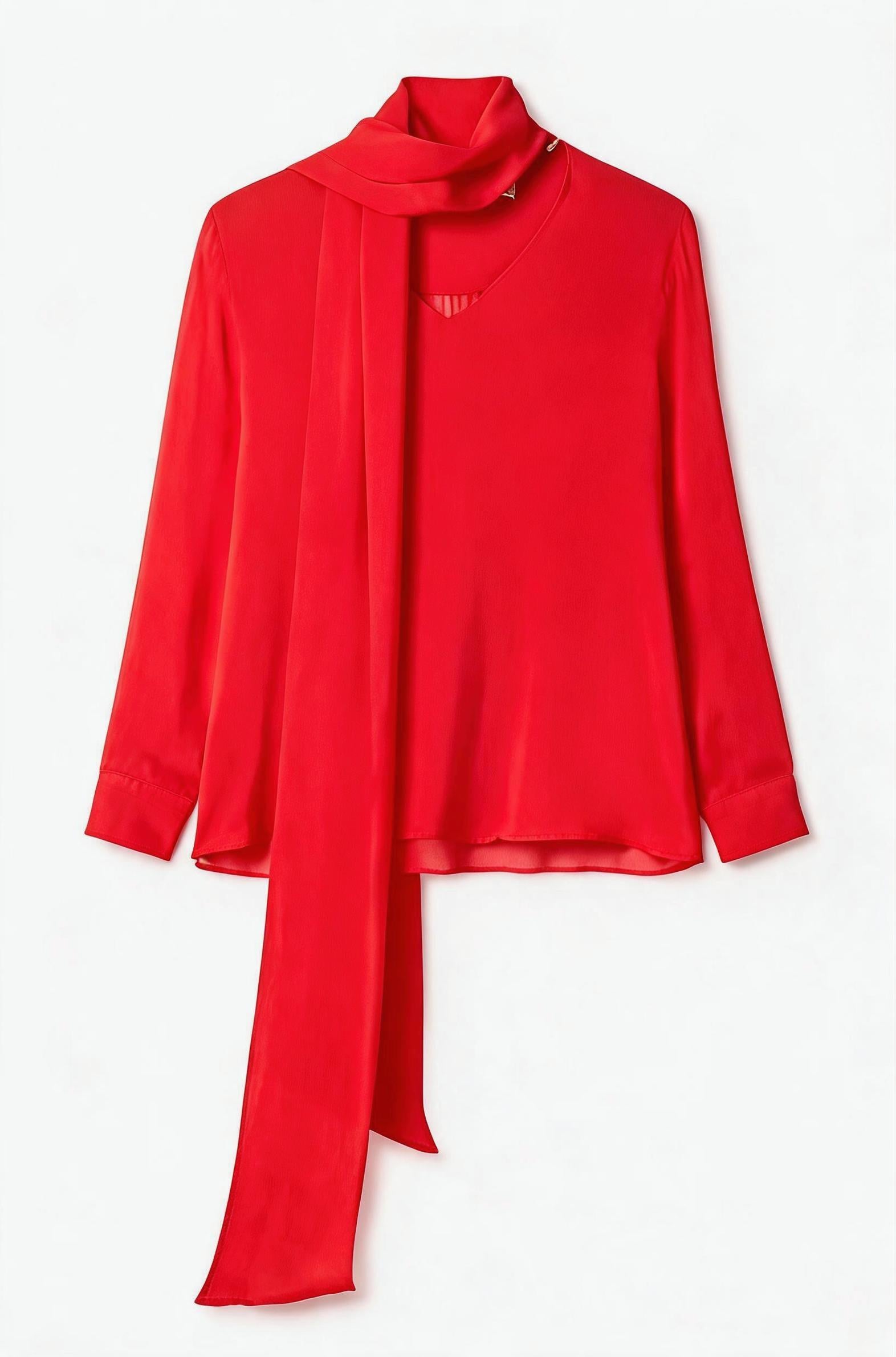 A bright red long-sleeve blouse with a draped, oversized collar and a matching long tie scarf, displayed flat against a plain white background.