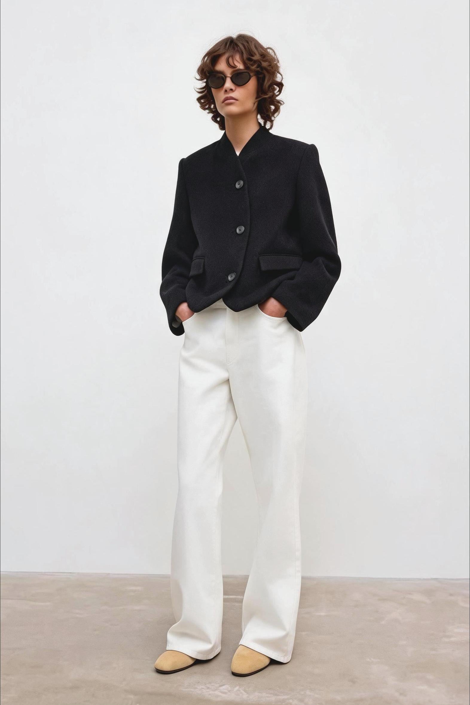 A model wearing a black cropped button-front jacket, white wide-leg trousers, and beige pointed flats, standing against a light gray studio wall.