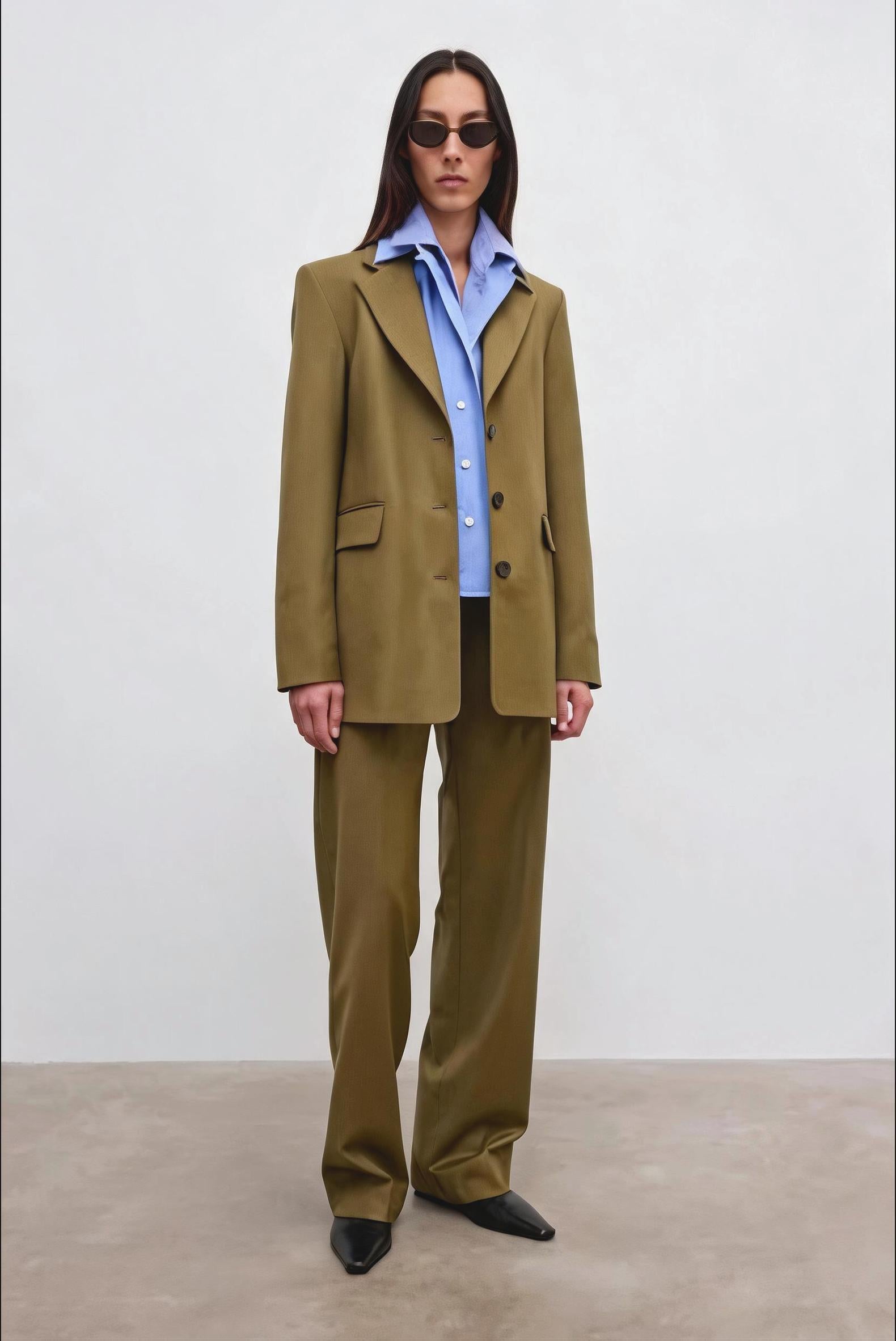A model stands in a studio wearing an oversized olive green tailored suit with a light blue button-up shirt underneath and black pointed shoes.