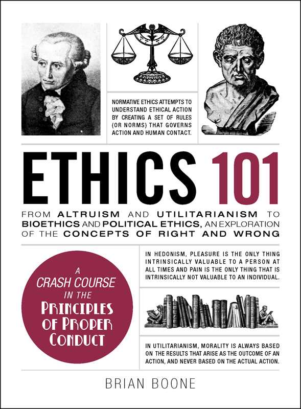 Book cover of 'Ethics 101' by Brian Boone featuring a collage of illustrations including a scale model of the human brain, a classical statue, and written texts on a vintage background.