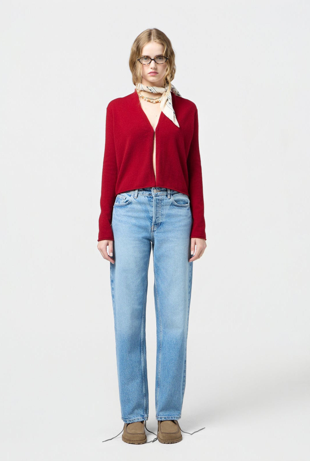 image of a woman wearing the Guest in Residence Stealth Cardigan in Red