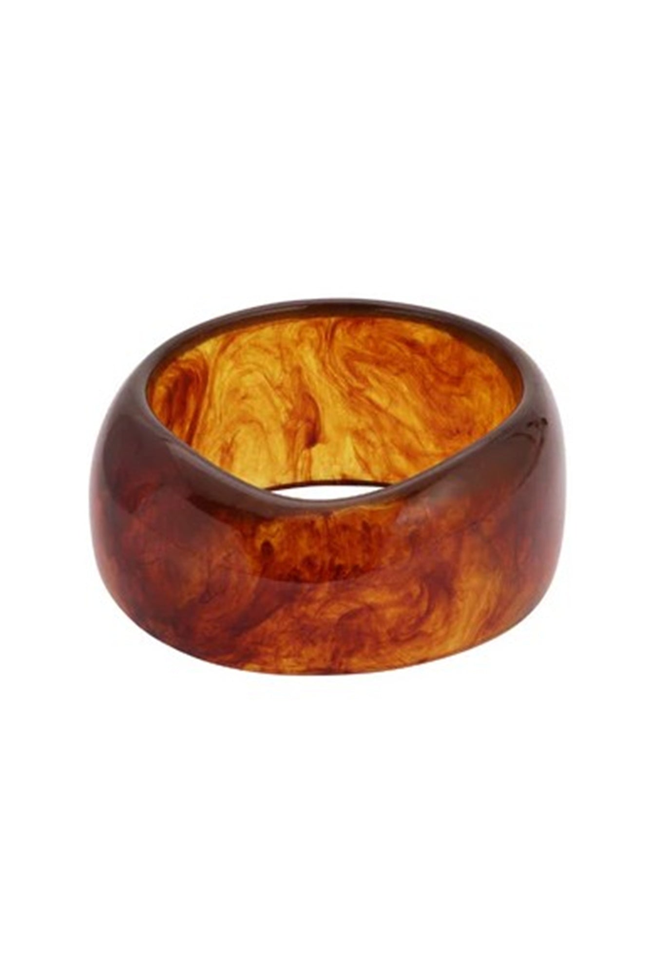 Brown wooden ring with a marbled pattern on a white background