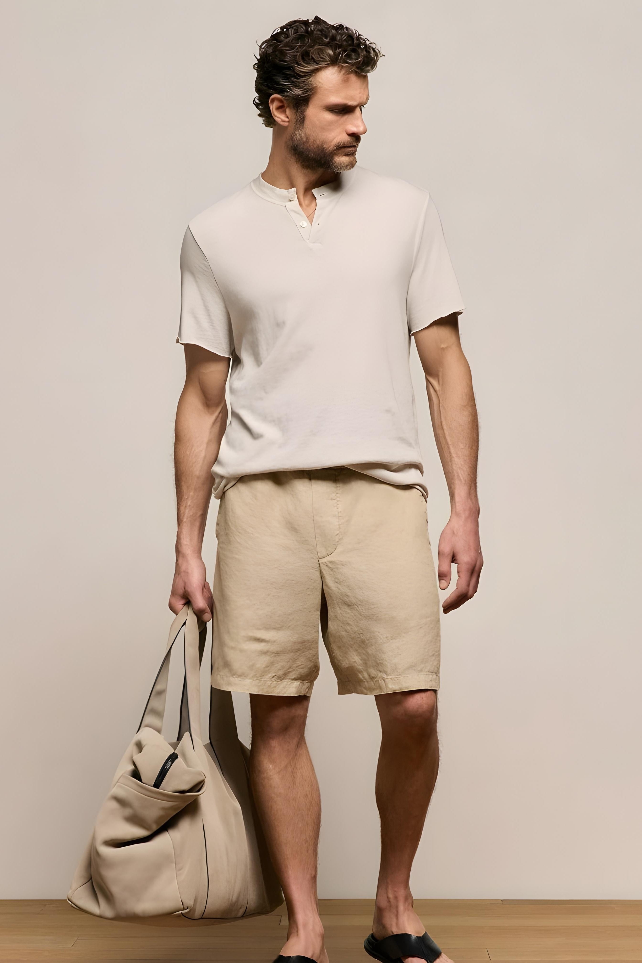 Man standing in a ivory shirt and khaki linen pants againsta a lihgt background.